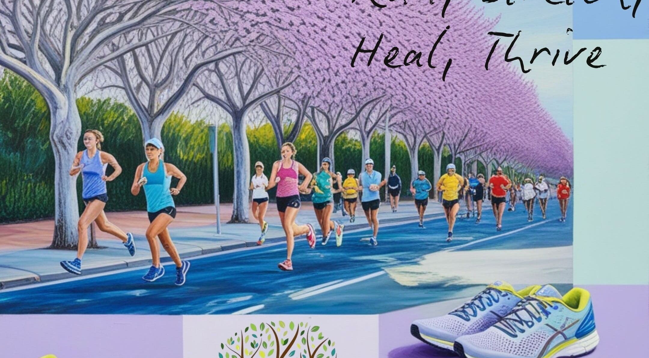 Joggers run under flowering trees near Gerhard Shaw Physiotherapy, Pretoria, Gauteng, ZA, promoting wellness.