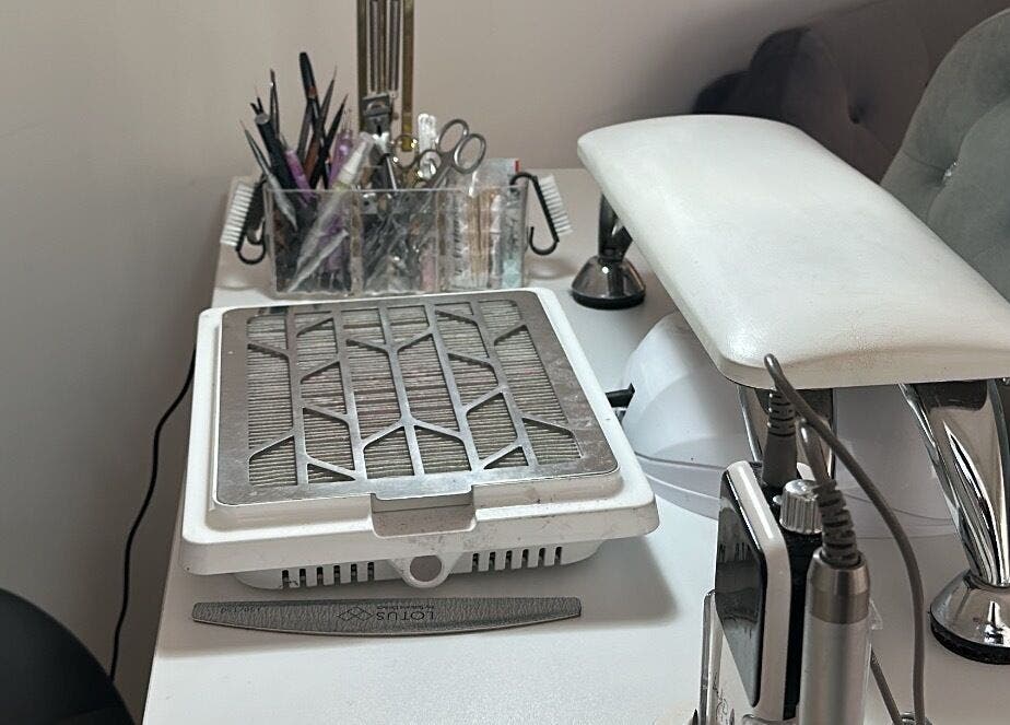 The Nail Haven's chic nail station in Nottingham, England, GB, showcasing tools and comfort.
