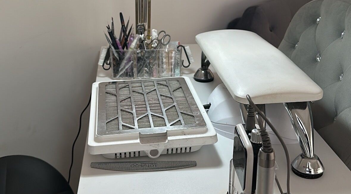 The Nail Haven's chic nail station in Nottingham, England, GB, showcasing tools and comfort.