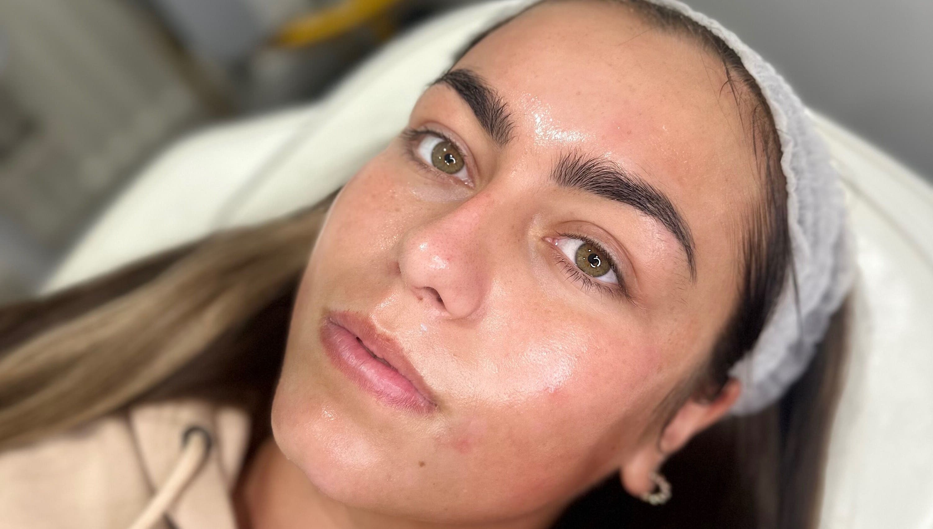 Close-up of a woman's glowing skin after facial at Pure Radiance by Shauna in Crook, England, GB.