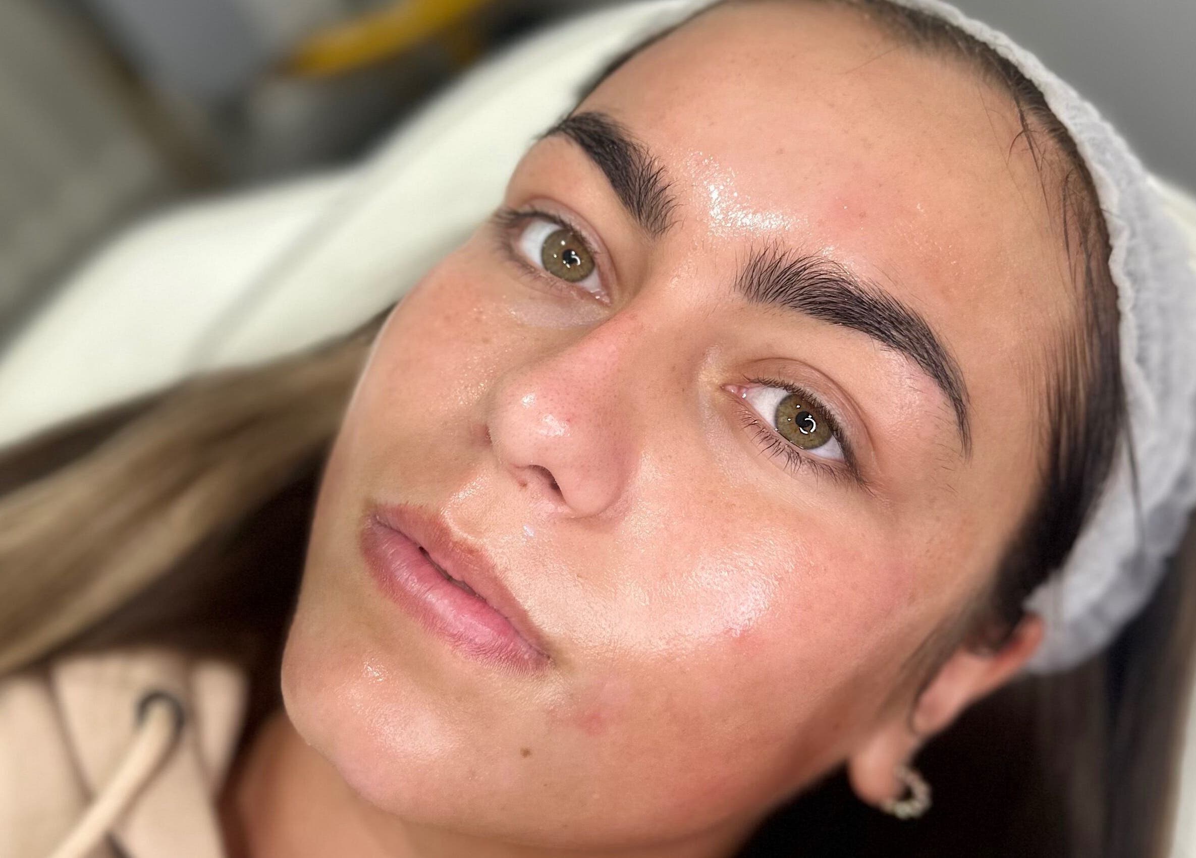 Close-up of a woman's glowing skin after facial at Pure Radiance by Shauna in Crook, England, GB.