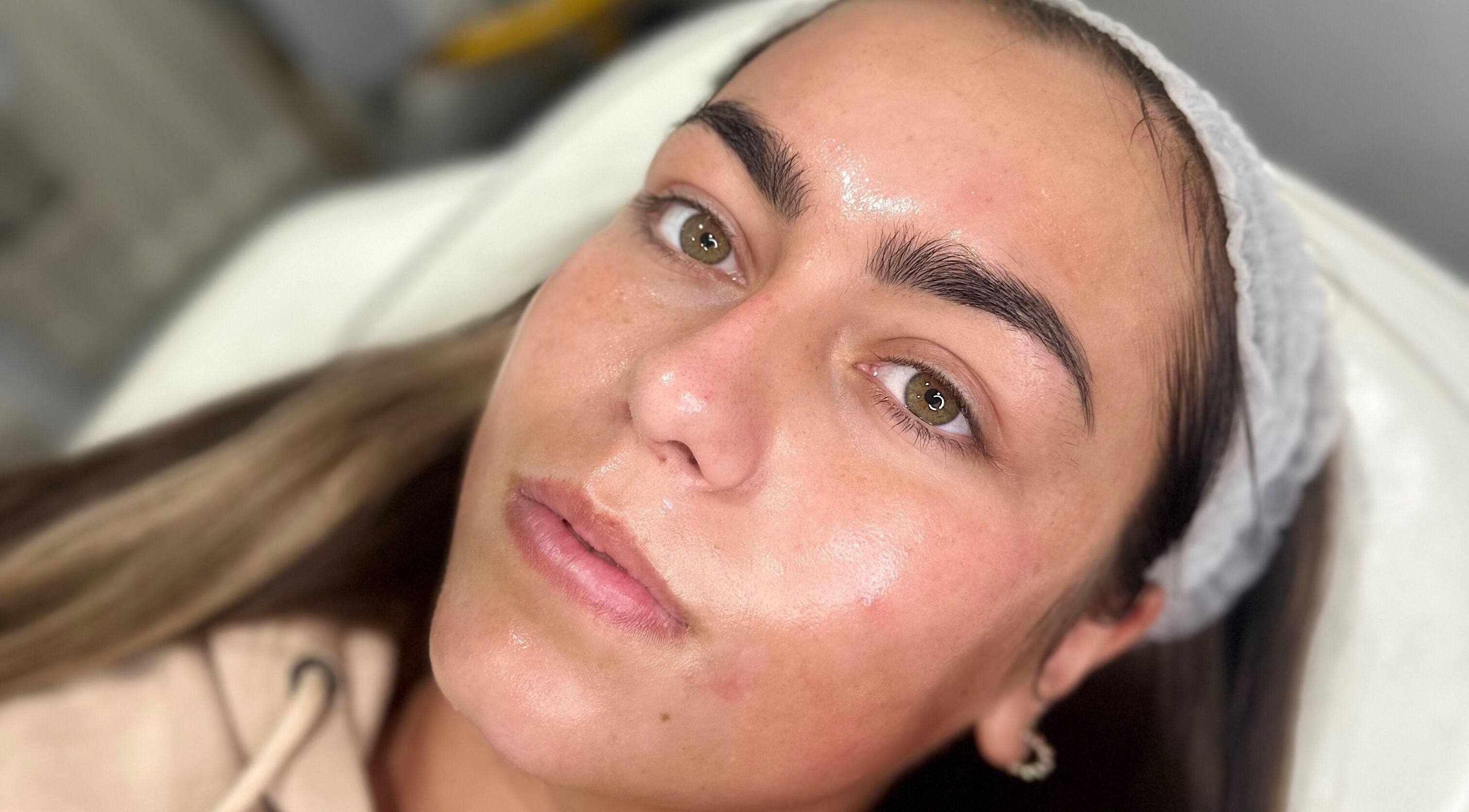 Close-up of a woman's glowing skin after facial at Pure Radiance by Shauna in Crook, England, GB.