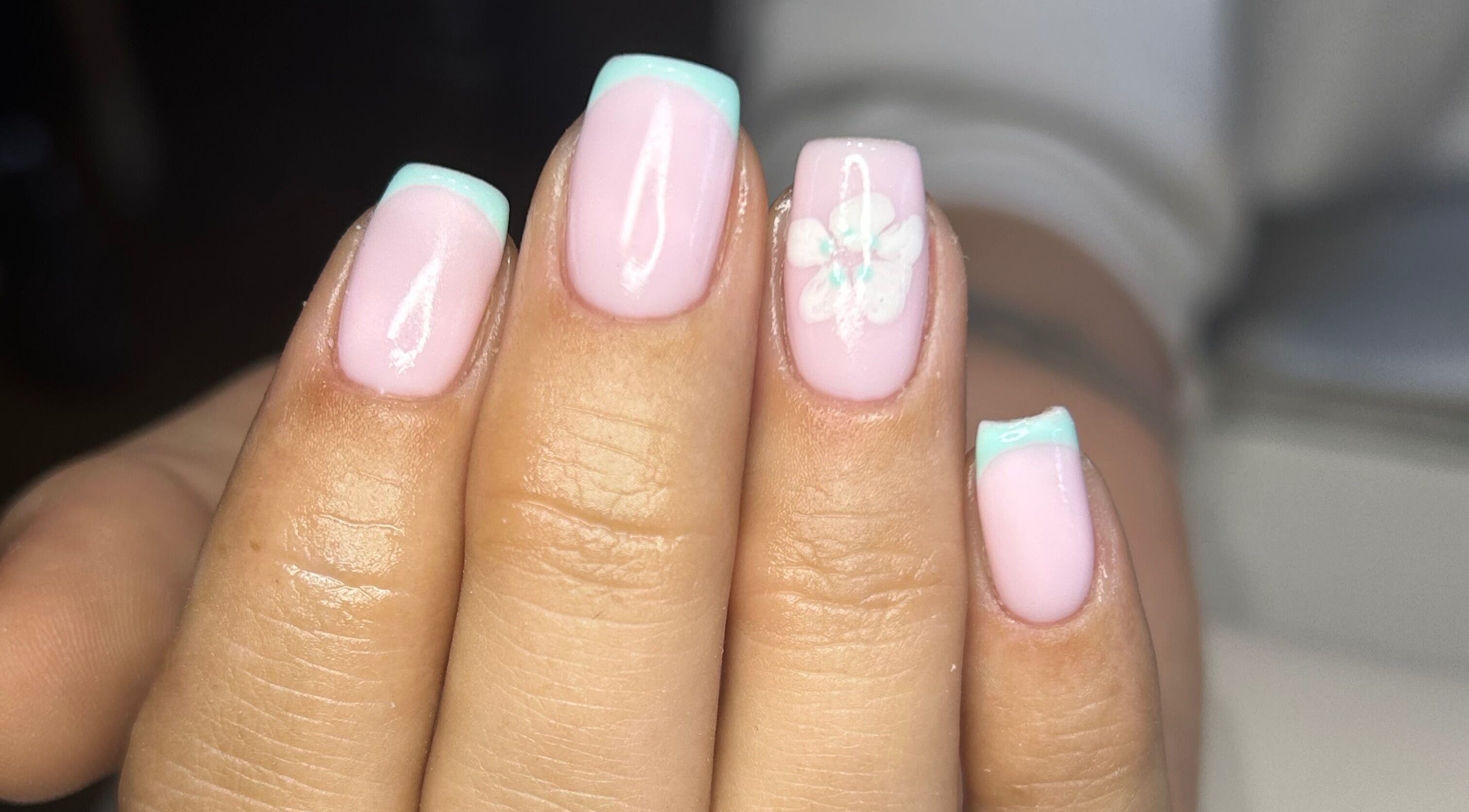 Elegant pastel manicure with floral design at By Brooke, Rainham, England, GB.