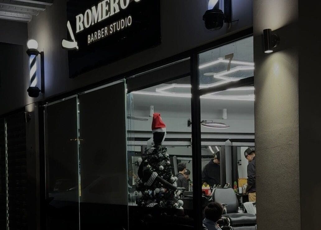 Romeros Barber Studio exterior view at night, Tijuana, Baja California, MX.