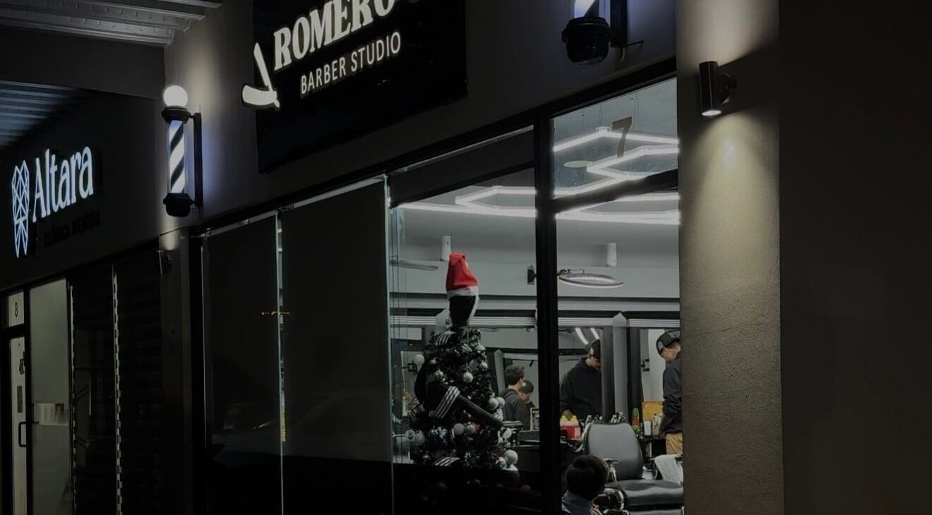 Romeros Barber Studio exterior view at night, Tijuana, Baja California, MX.