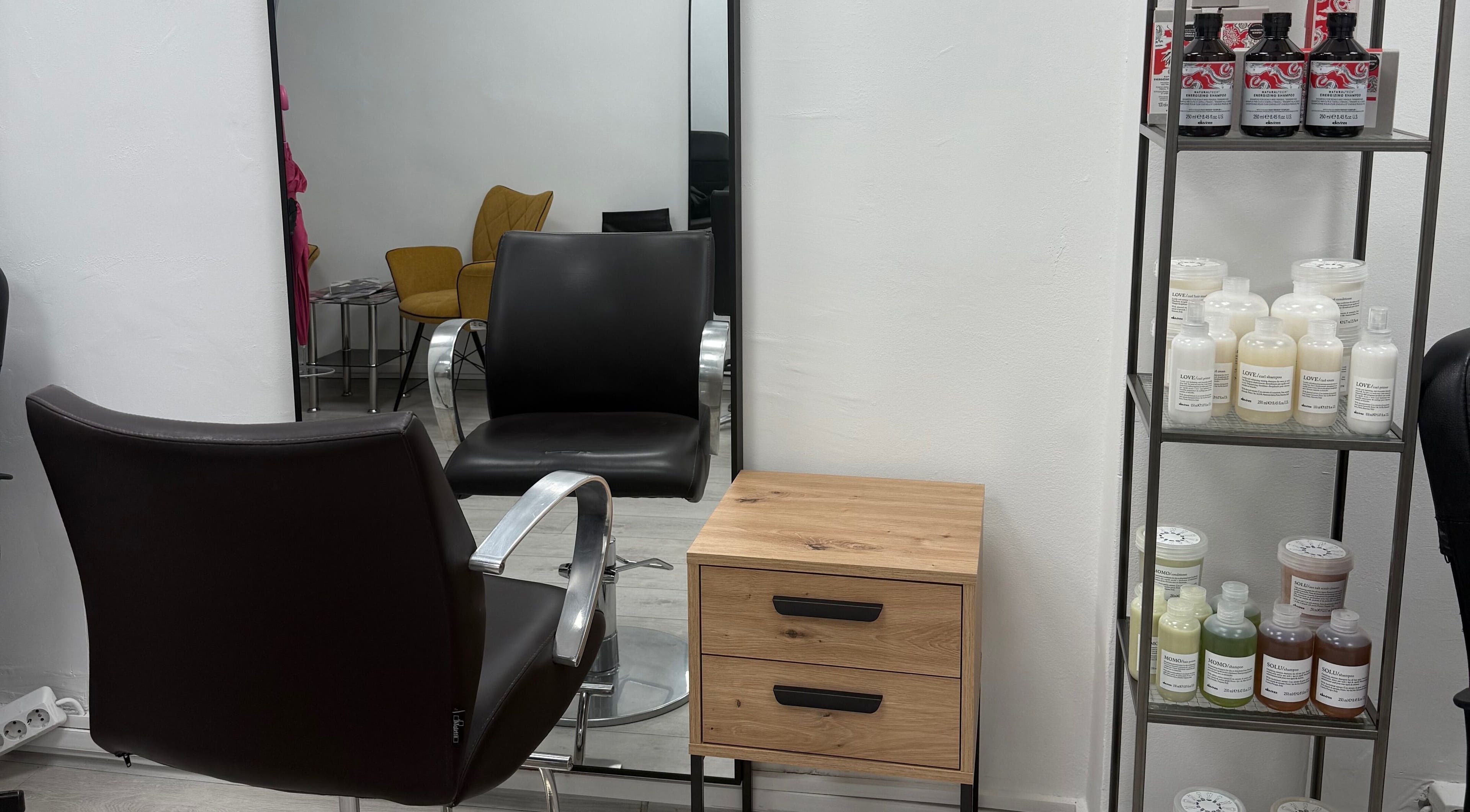 Modern salon seating and products at MM HAIR STUDIO, Sofia, Sofia, BG.