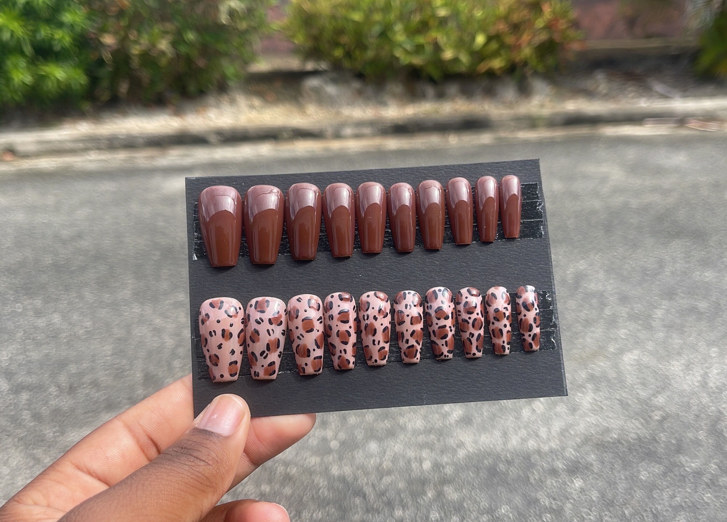 Elegant nail set featuring brown and leopard patterns by Klawed.bymiah, Lowthers Hill, Christ Church, BB.