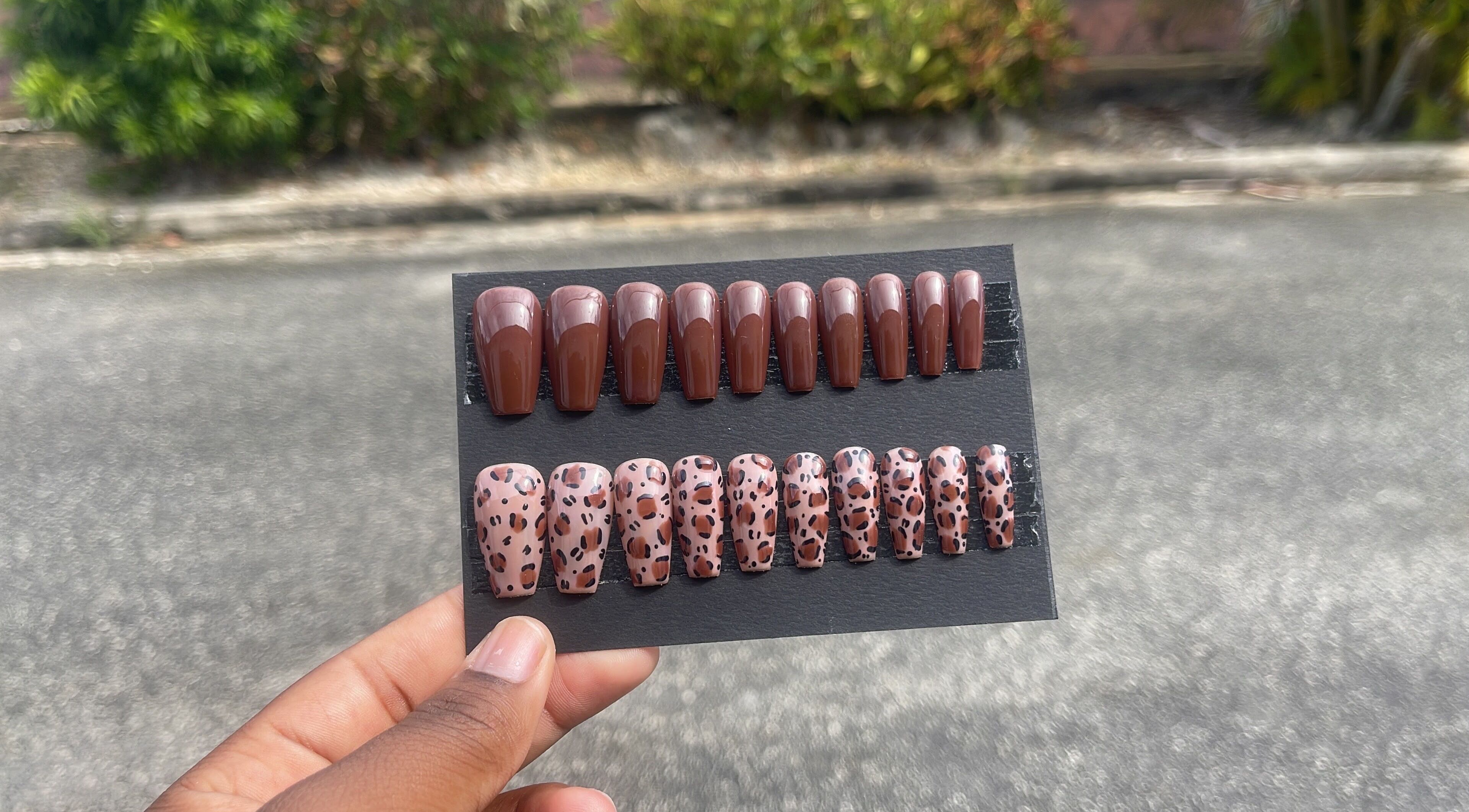 Elegant nail set featuring brown and leopard patterns by Klawed.bymiah, Lowthers Hill, Christ Church, BB.