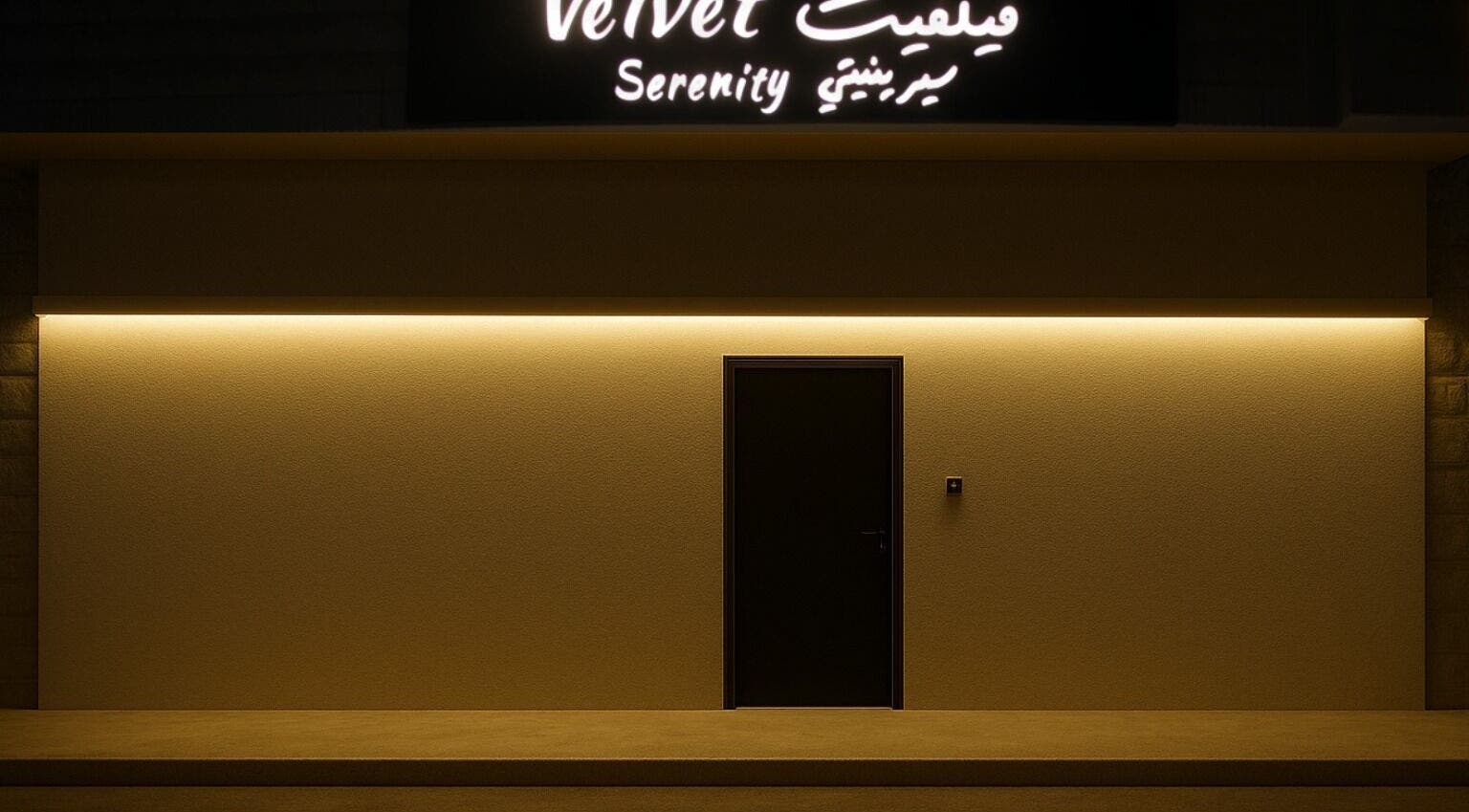 واجهة فيلفيت سيرينيتي المضاءة بشكل جميل في الرياض, Riyadh Province, SA تعكس الأناقة والفخامة.
