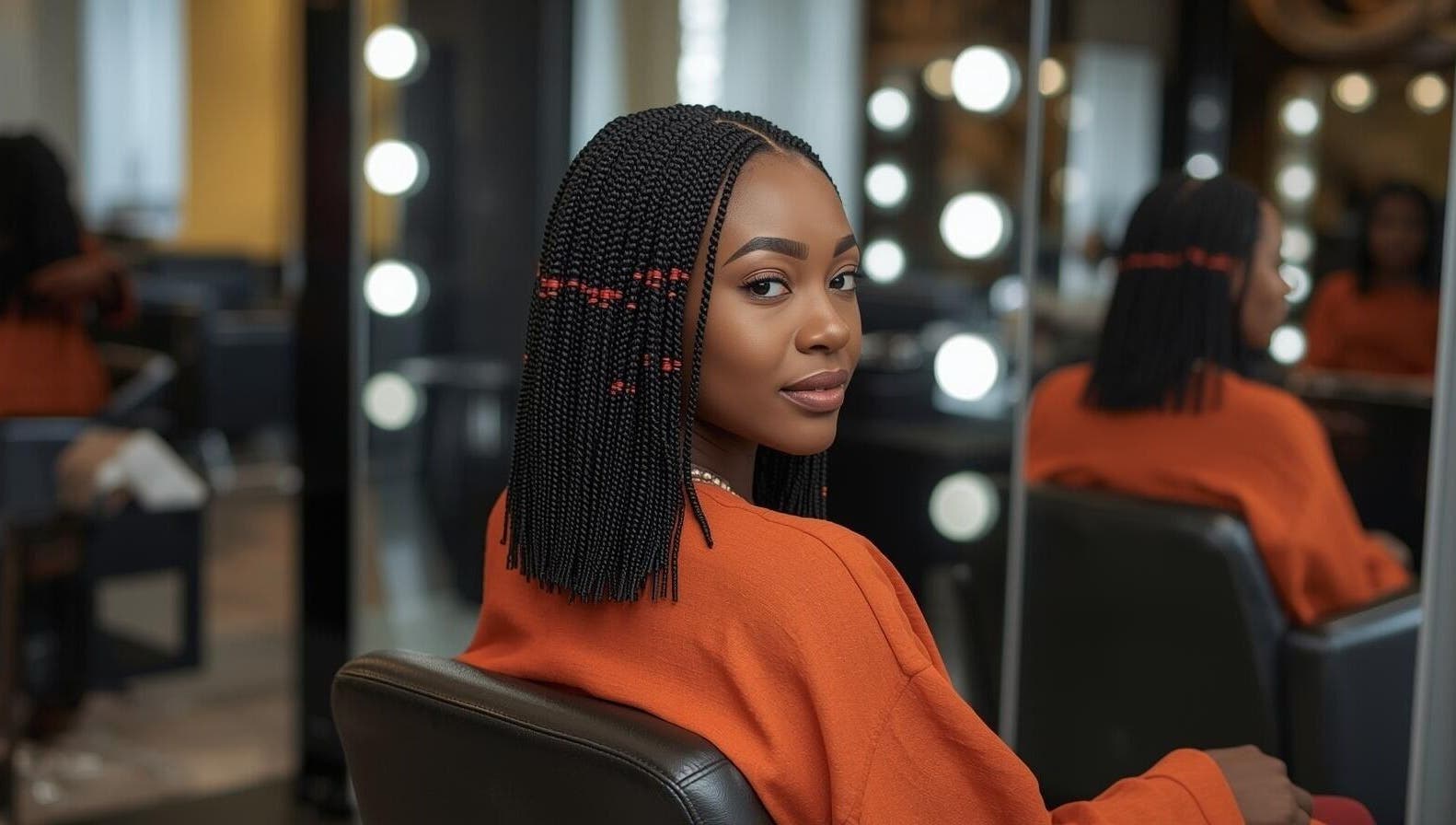 Woman with chic braids at Azikaybraids, Princeton, Texas salon, seated facing the mirror with soft lighting.