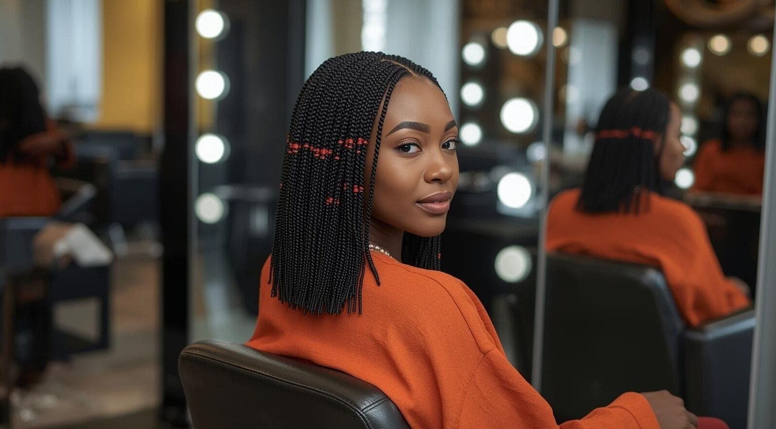 Woman with chic braids at Azikaybraids, Princeton, Texas salon, seated facing the mirror with soft lighting.