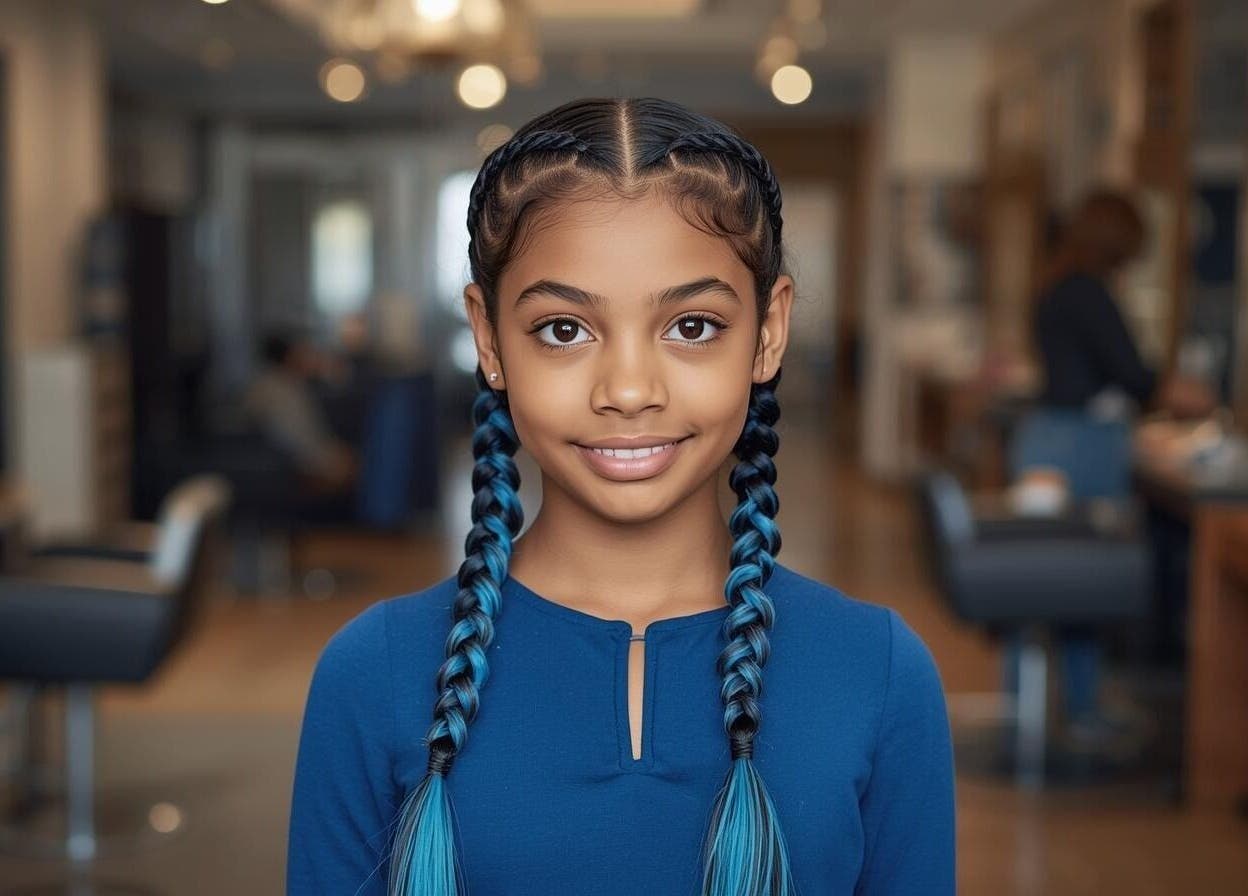 Young girl with braided blue hair at Azikaybraids, Princeton, Texas, US salon.
