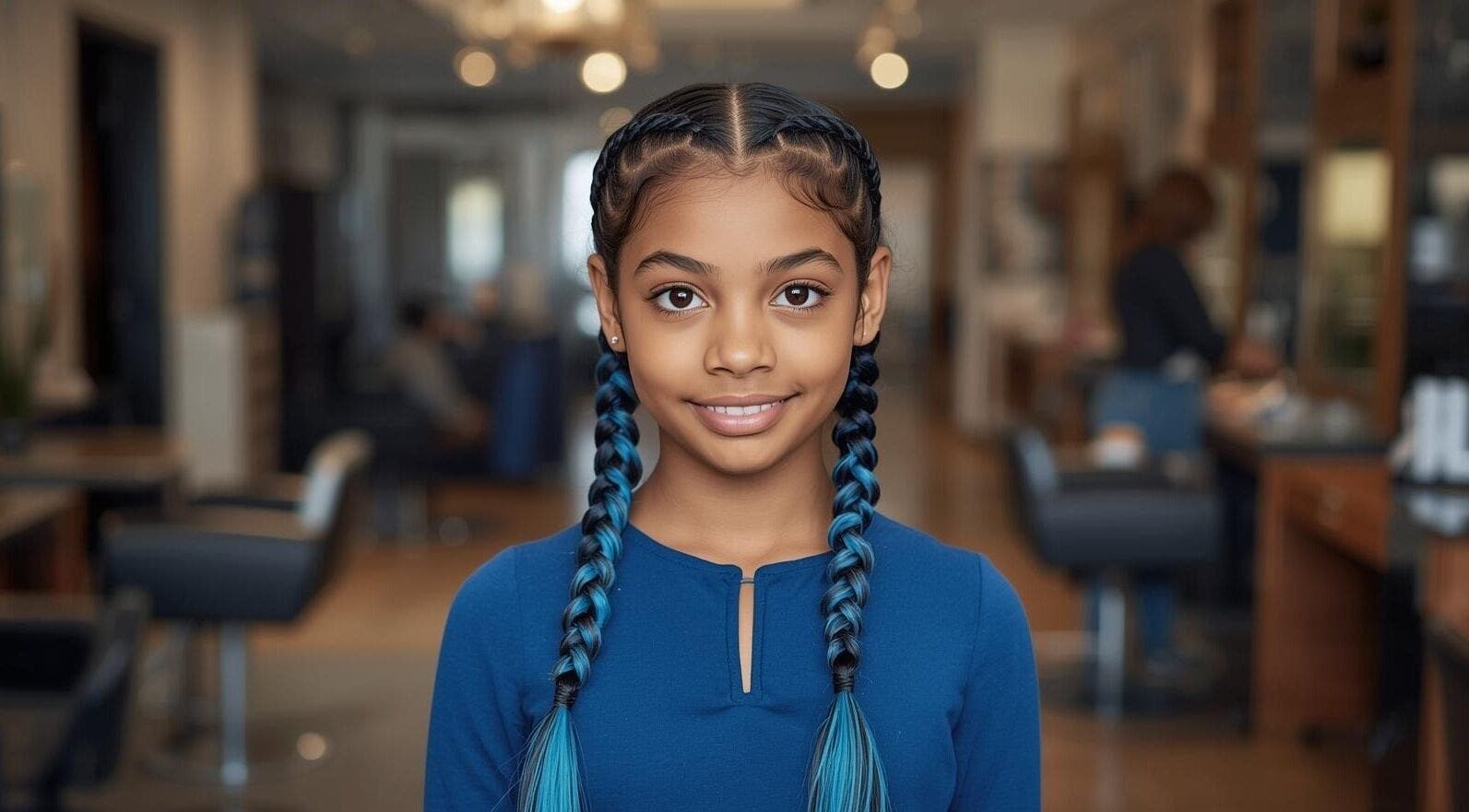 Young girl with braided blue hair at Azikaybraids, Princeton, Texas, US salon.