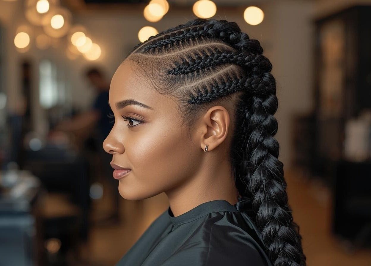 Detailed cornrow braids at Azikaybraids salon, Princeton, Texas, US