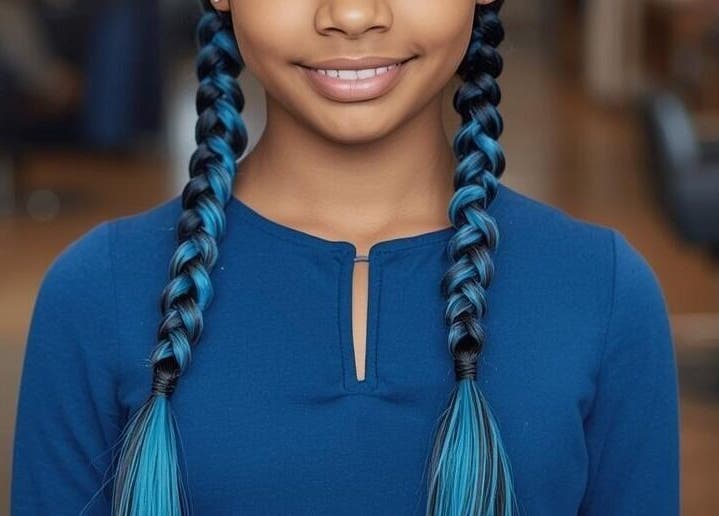 Young girl with blue braided hair at Azikaybraids, Princeton, Texas, US, showcasing unique hairstyle.