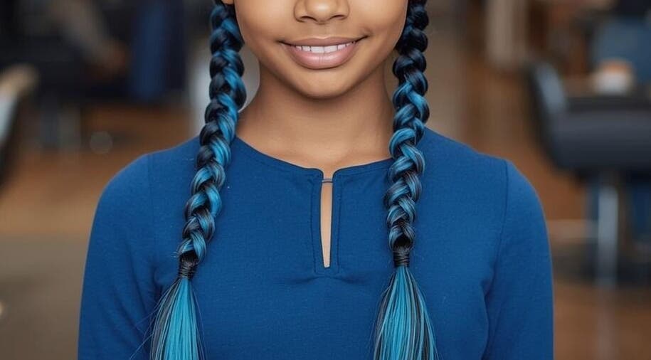 Young girl with blue braided hair at Azikaybraids, Princeton, Texas, US, showcasing unique hairstyle.