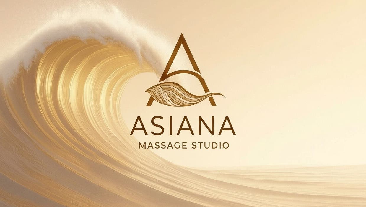 Asiana Massage Studio logo in a golden wave, Salford, England, GB.