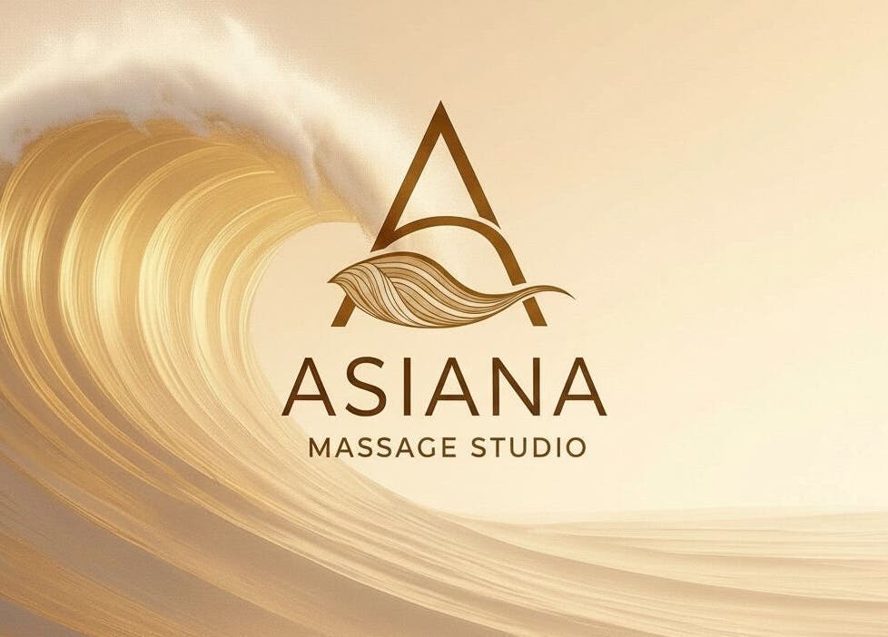 Asiana Massage Studio logo in a golden wave, Salford, England, GB.