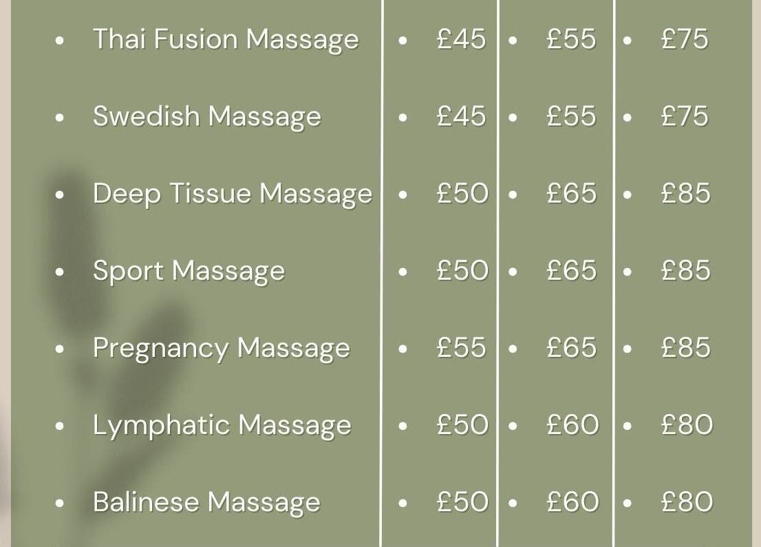 Pricing chart for various massages at Asiana Massage Studio, Salford, England, GB.