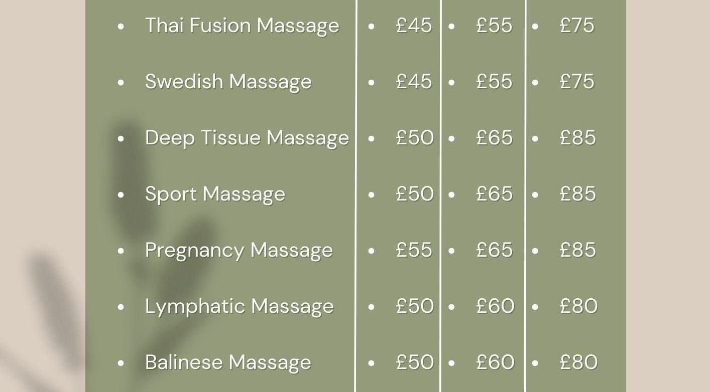 Pricing chart for various massages at Asiana Massage Studio, Salford, England, GB.