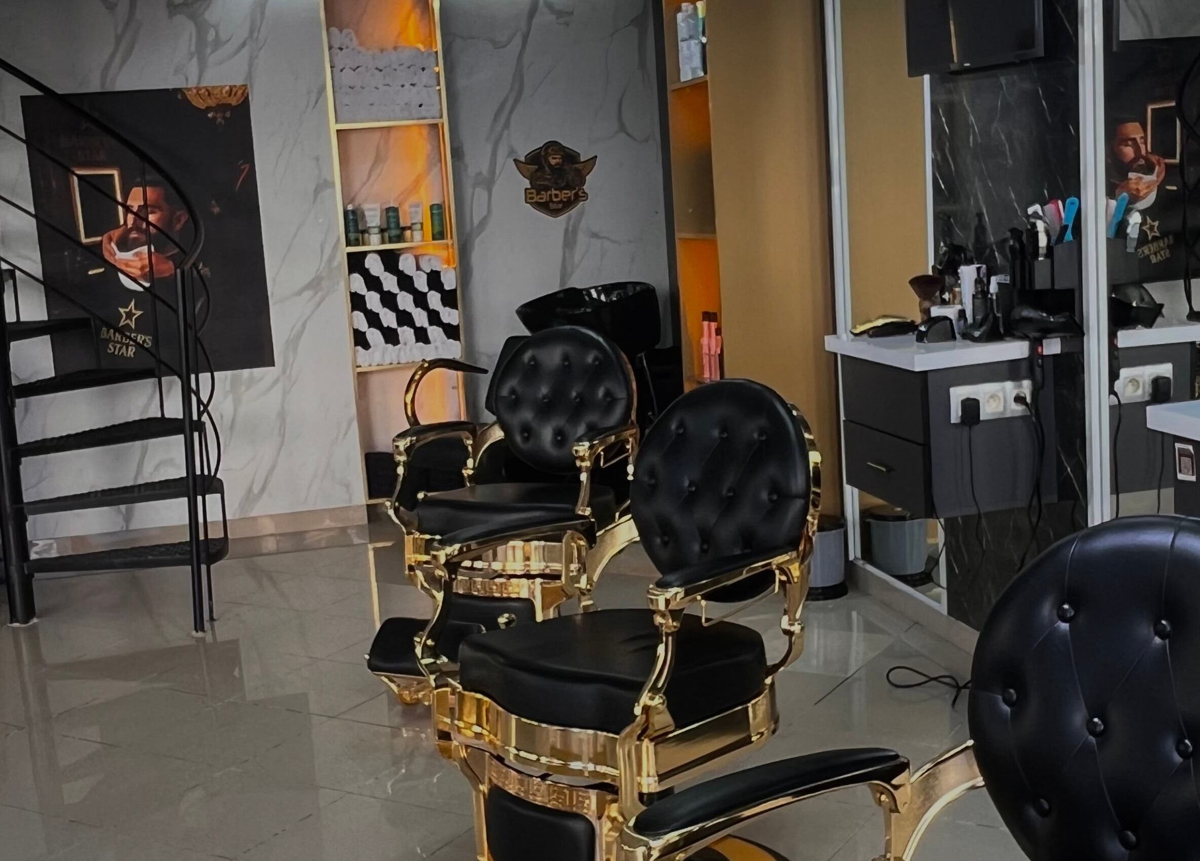 Luxurious barber chairs at Barber's Star in Rabat, Rabat-salé-kénitra, MA featuring chic interiors.