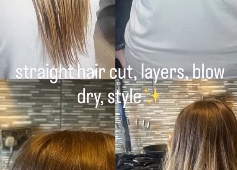 Freshly cut and styled straight layered hair at Hair by Charl, Birmingham, England, GB.