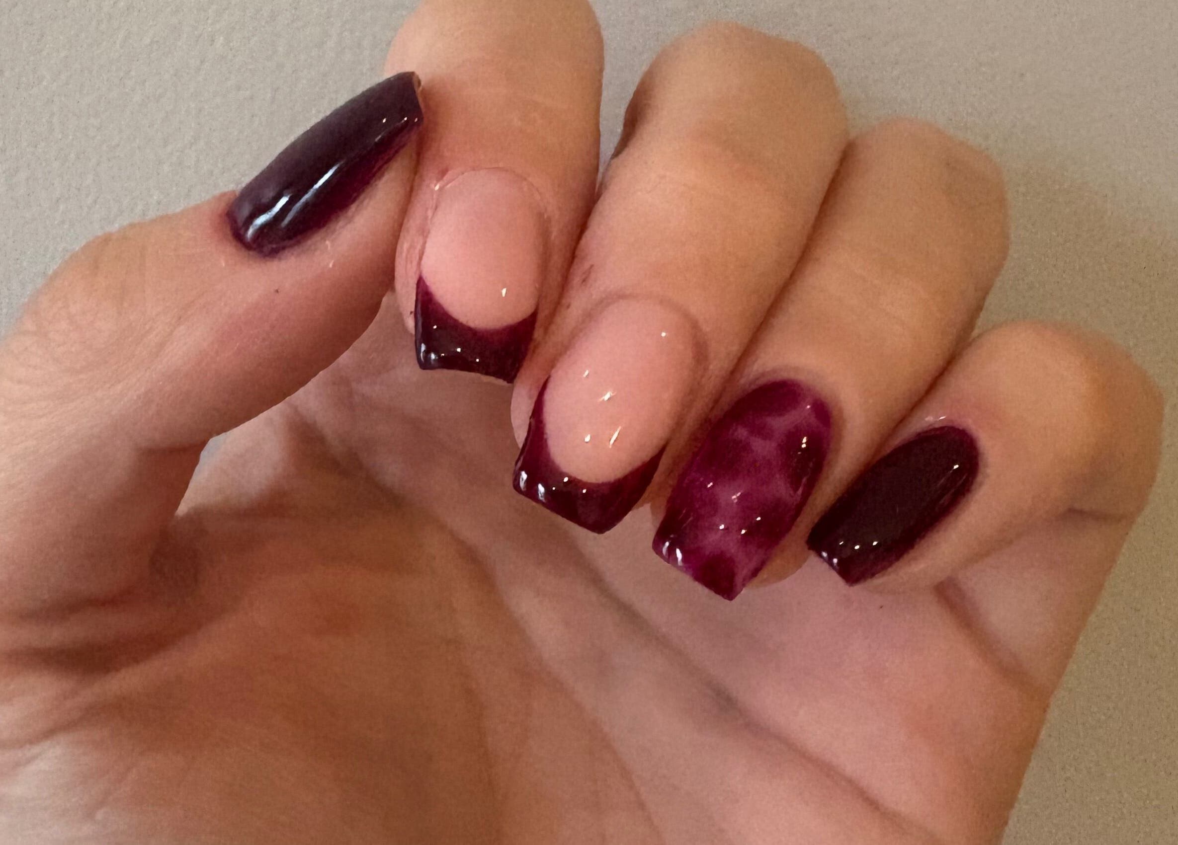 Elegant burgundy nails design by Nails by Dena, Blackpool, England, GB.