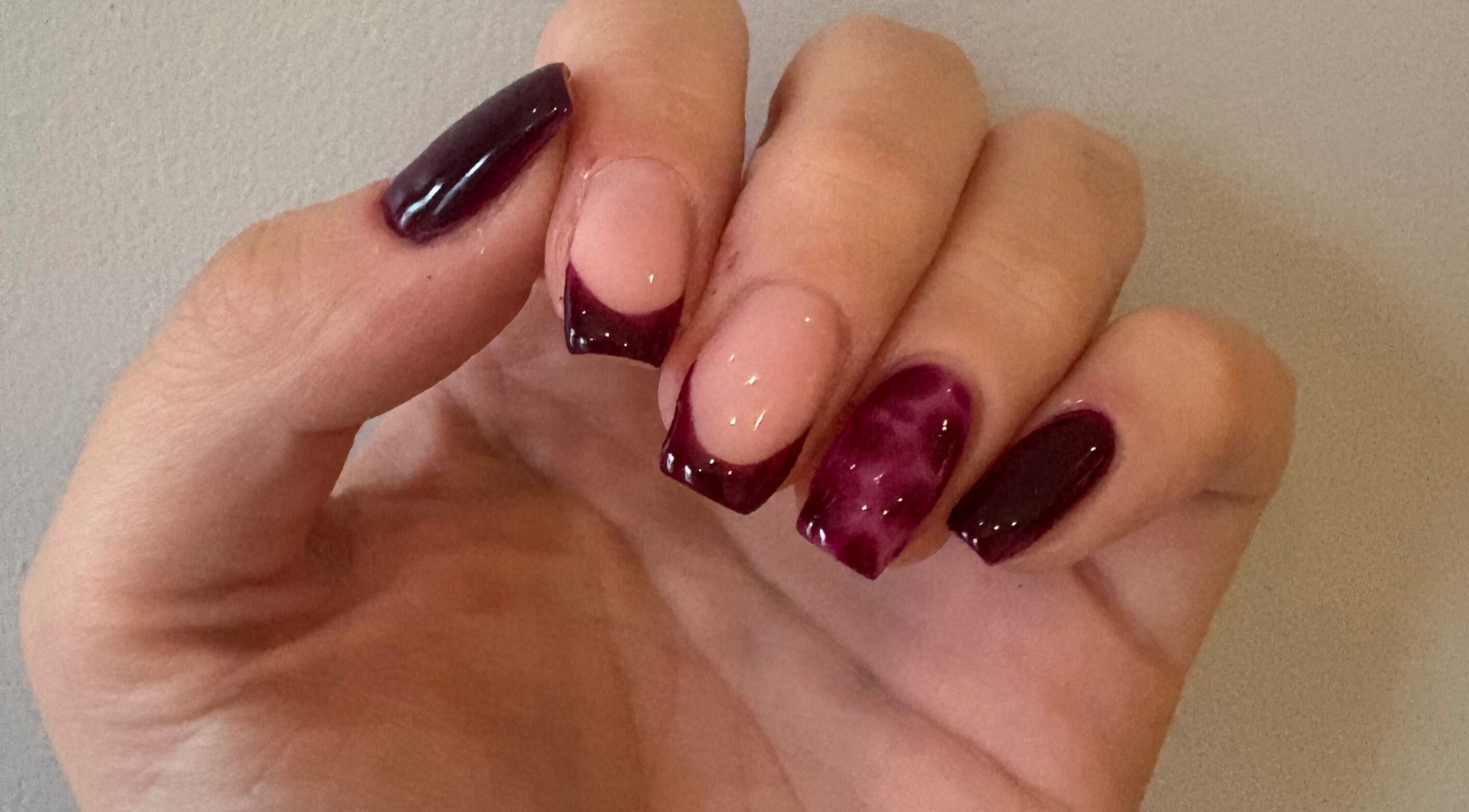 Elegant burgundy nails design by Nails by Dena, Blackpool, England, GB.