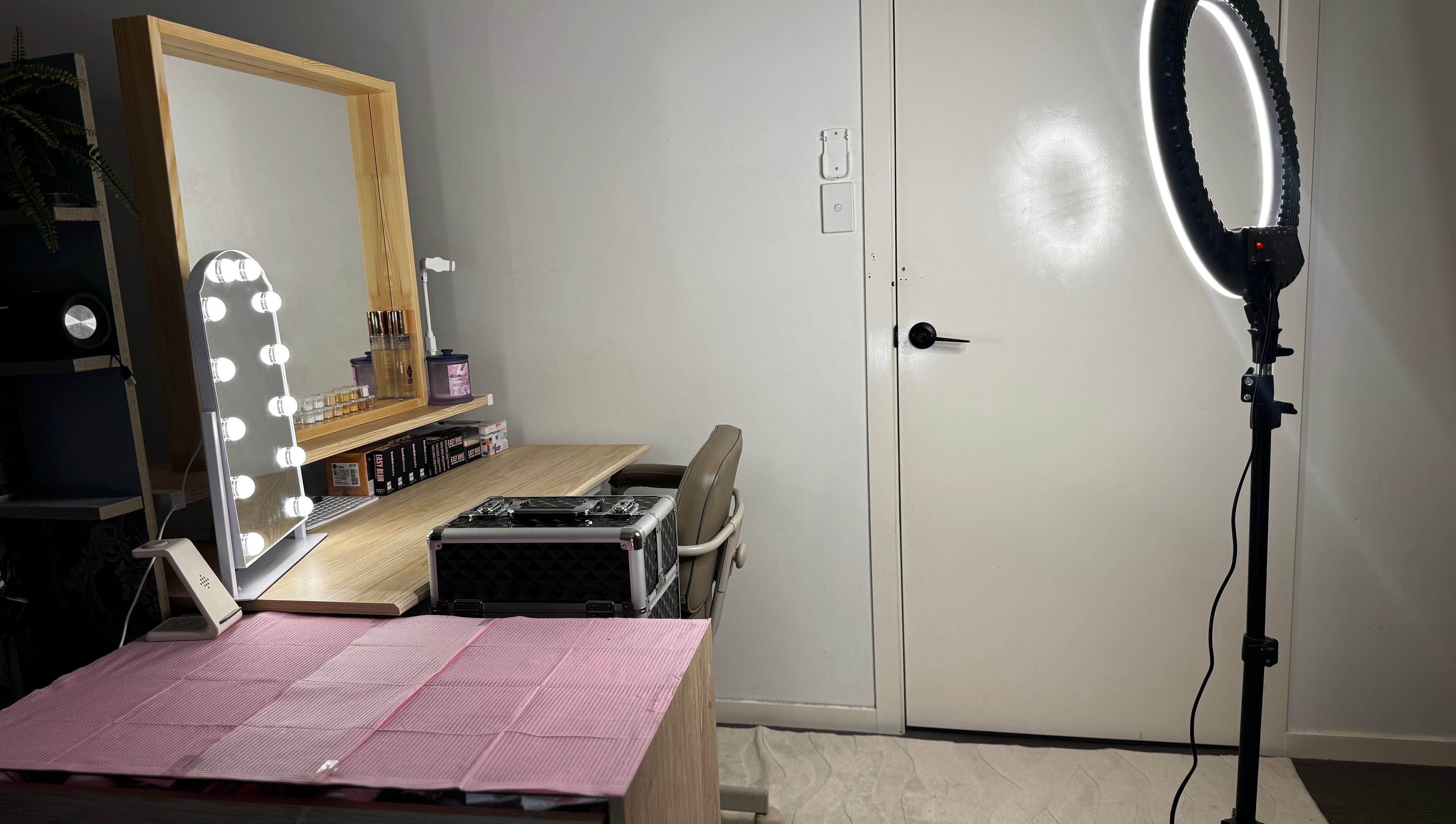 Elegant makeup station at Majestix Creations, Marsden Park, New South Wales, AU, featuring a well-lit mirror.