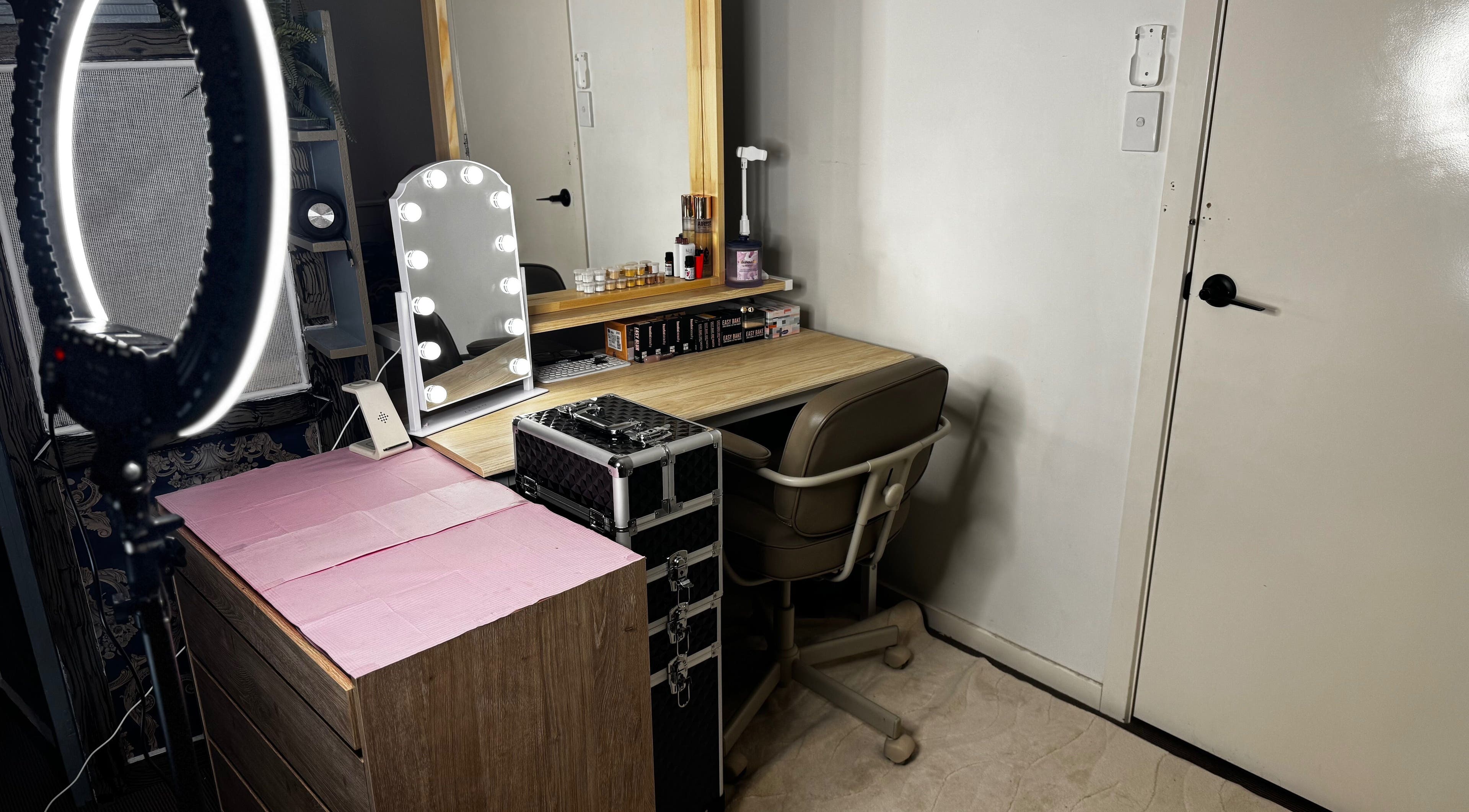 Majestix Creations beauty workspace with lit mirror in Marsden Park, New South Wales, AU.