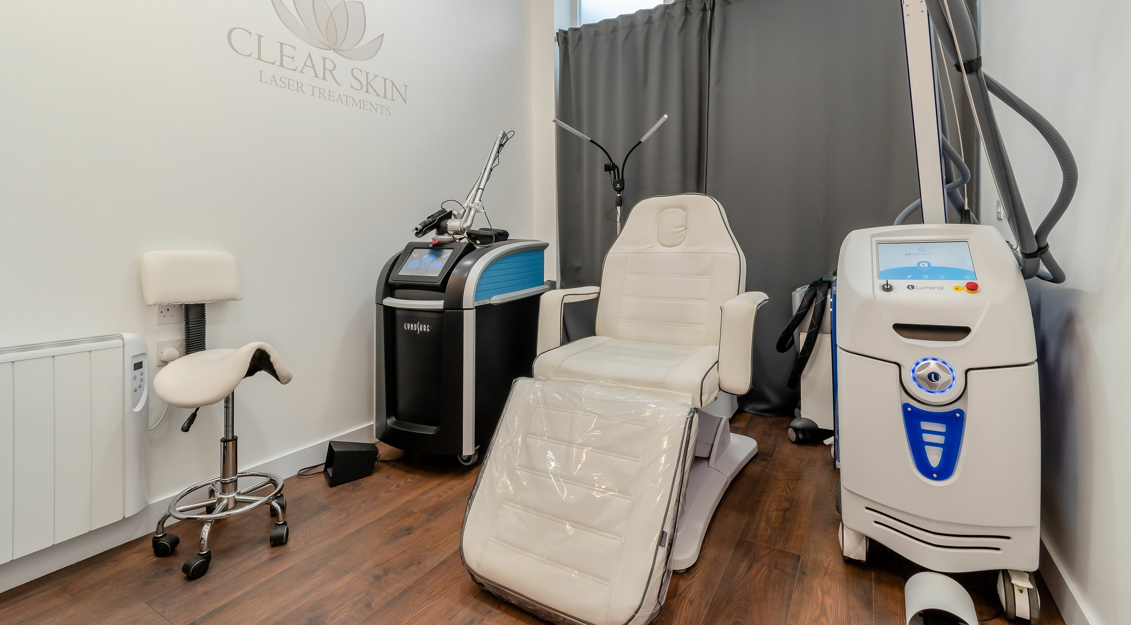 Treatment room at Clear Skin Laser Treatments, Rochester, England, GB with modern laser equipment.