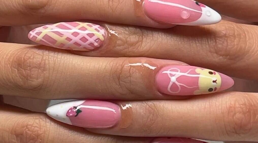 Cute bear themed pink nail art at Nails by Kayla Le, Bonnyrigg, New South Wales, AU; intricate designs.