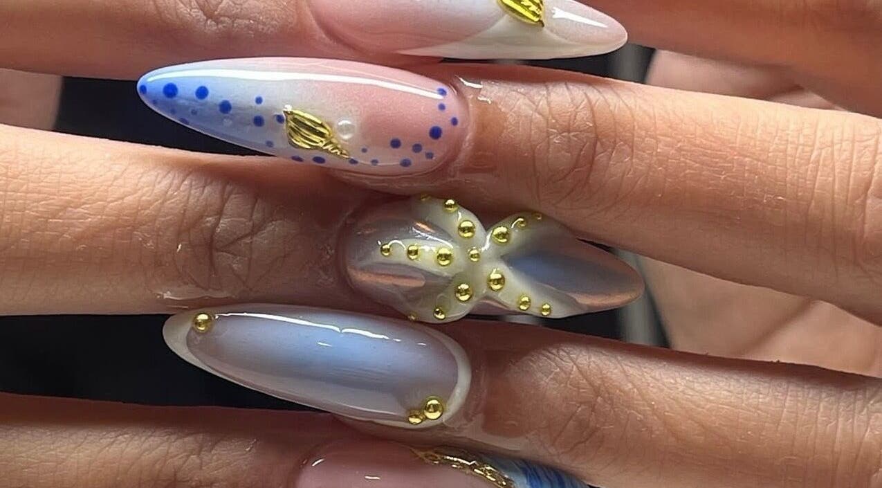 Intricate nail art design with gold accents at Nails by Kayla Le, Bonnyrigg, New South Wales, AU.