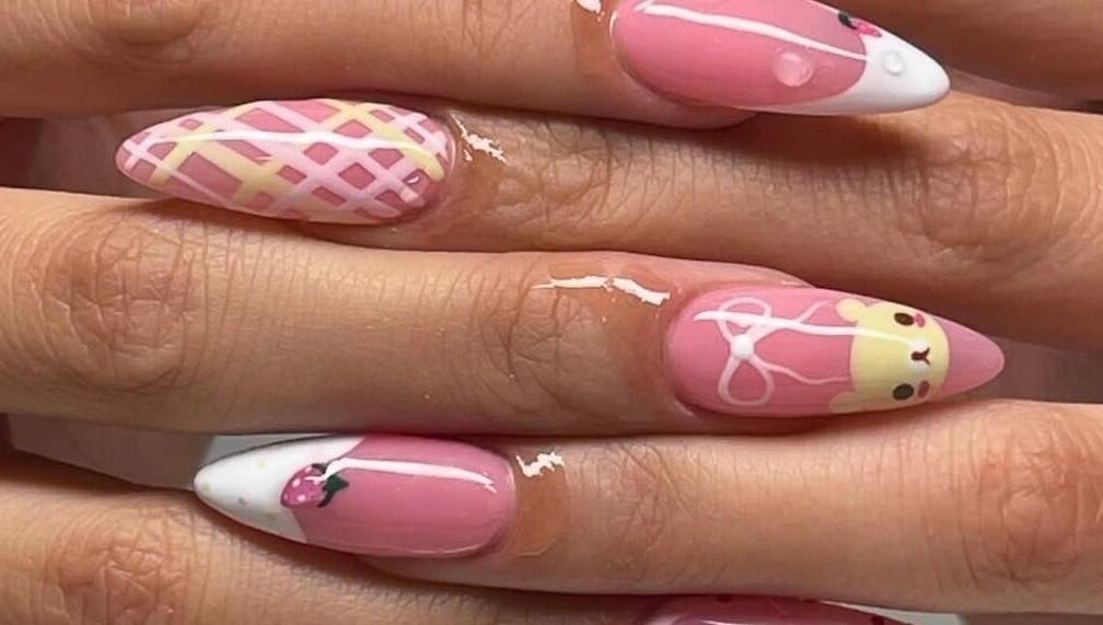 Chic pink and white nail art at Nails by Kayla Le, Bonnyrigg, New South Wales, AU, featuring cute bear design.