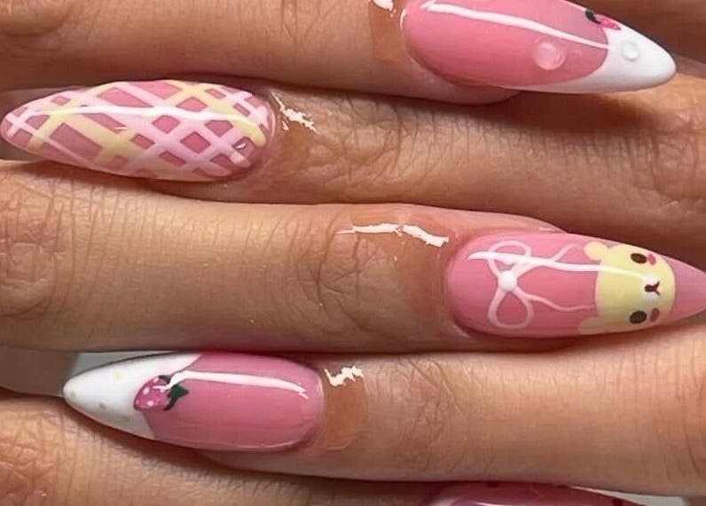 Chic pink and white nail art at Nails by Kayla Le, Bonnyrigg, New South Wales, AU, featuring cute bear design.
