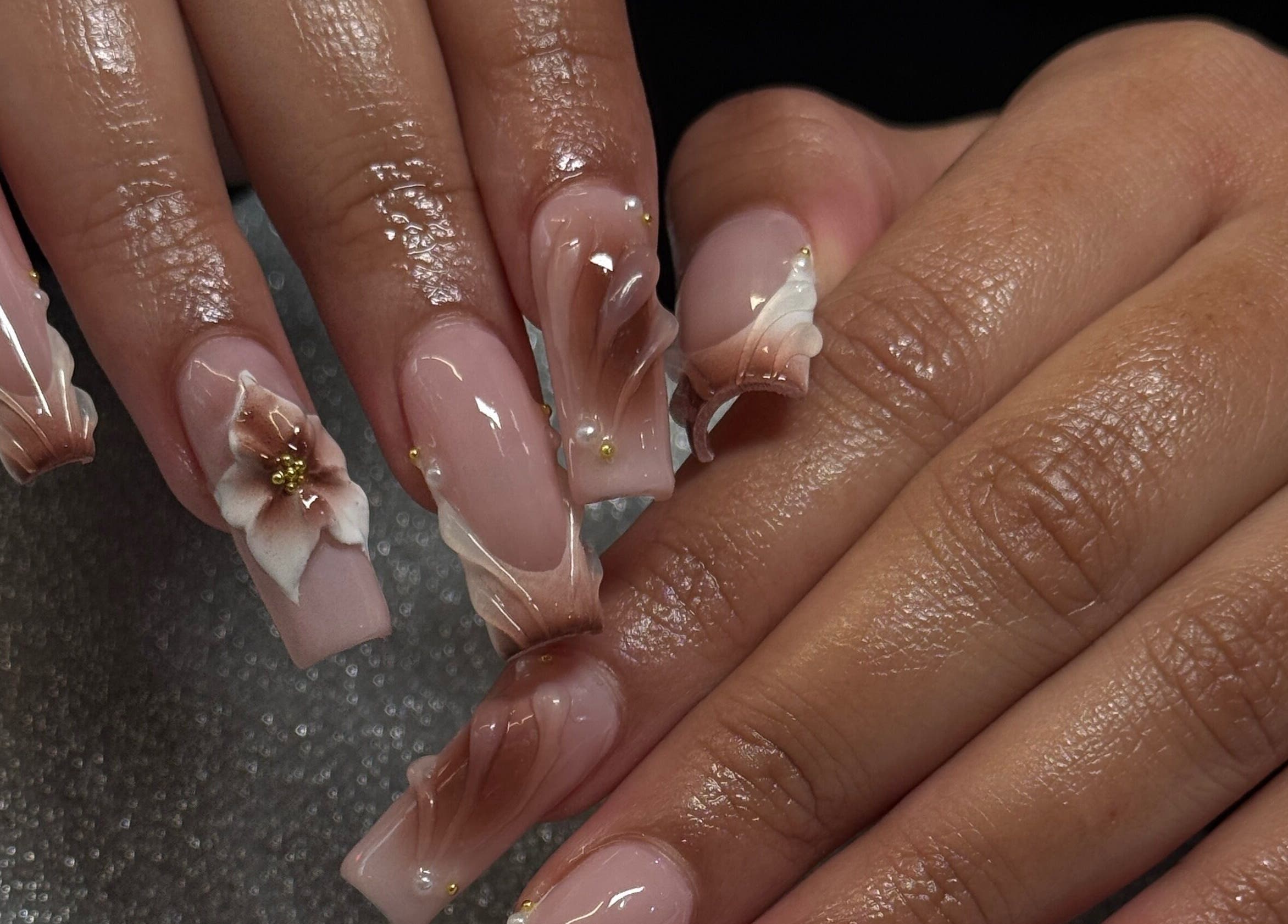 Elegant 3D floral nail art at StudioBeauty nails spa salon in Porirua, Wellington Region, NZ.