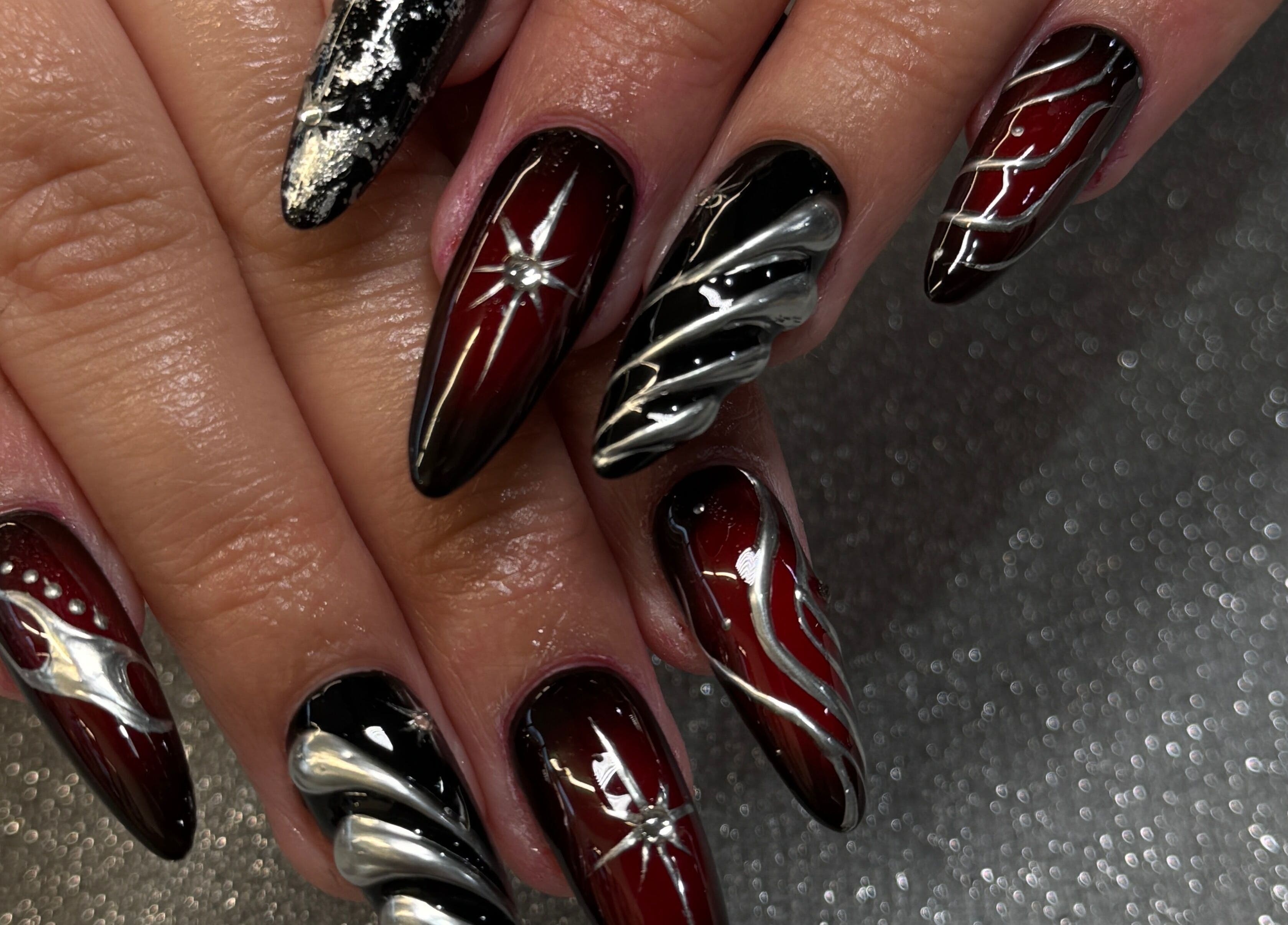 Intricate gothic nail art at StudioBeauty nails spa salon in Porirua, Wellington Region, NZ.