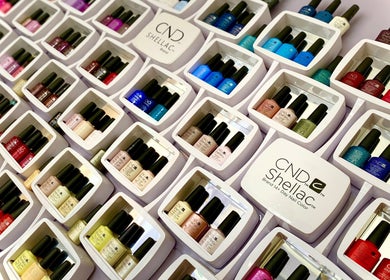 Assorted CND Shellac nail polish display at Maddie's Nail & Beauty Studio, Calne, England, GB.