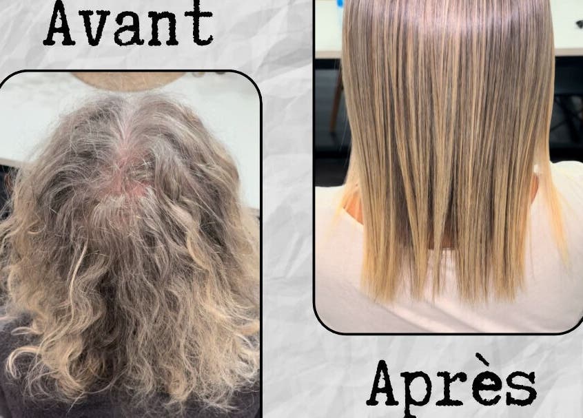 Transformation capillaire avant et après au salon Lissage, La Cadière-d'azur, Provence-alpes-côte D'azur, FR.