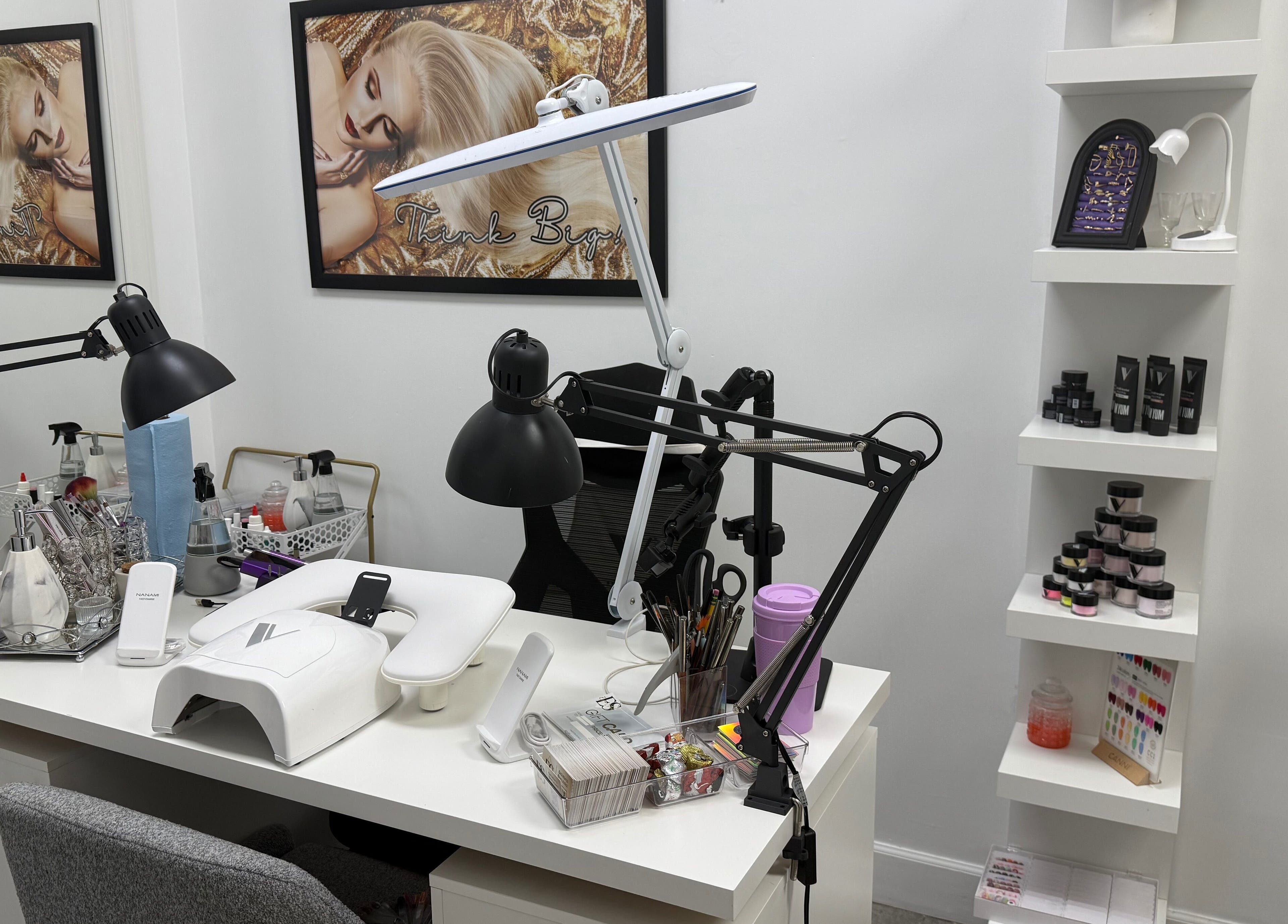 Modern nail station at Eyra Studio Nails in Chandler, Arizona, US with manicure tools and decor.