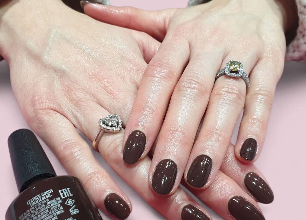 Brown polished nails at Kebella Beauty Bath Street in Glasgow, Scotland, GB enhance elegance.