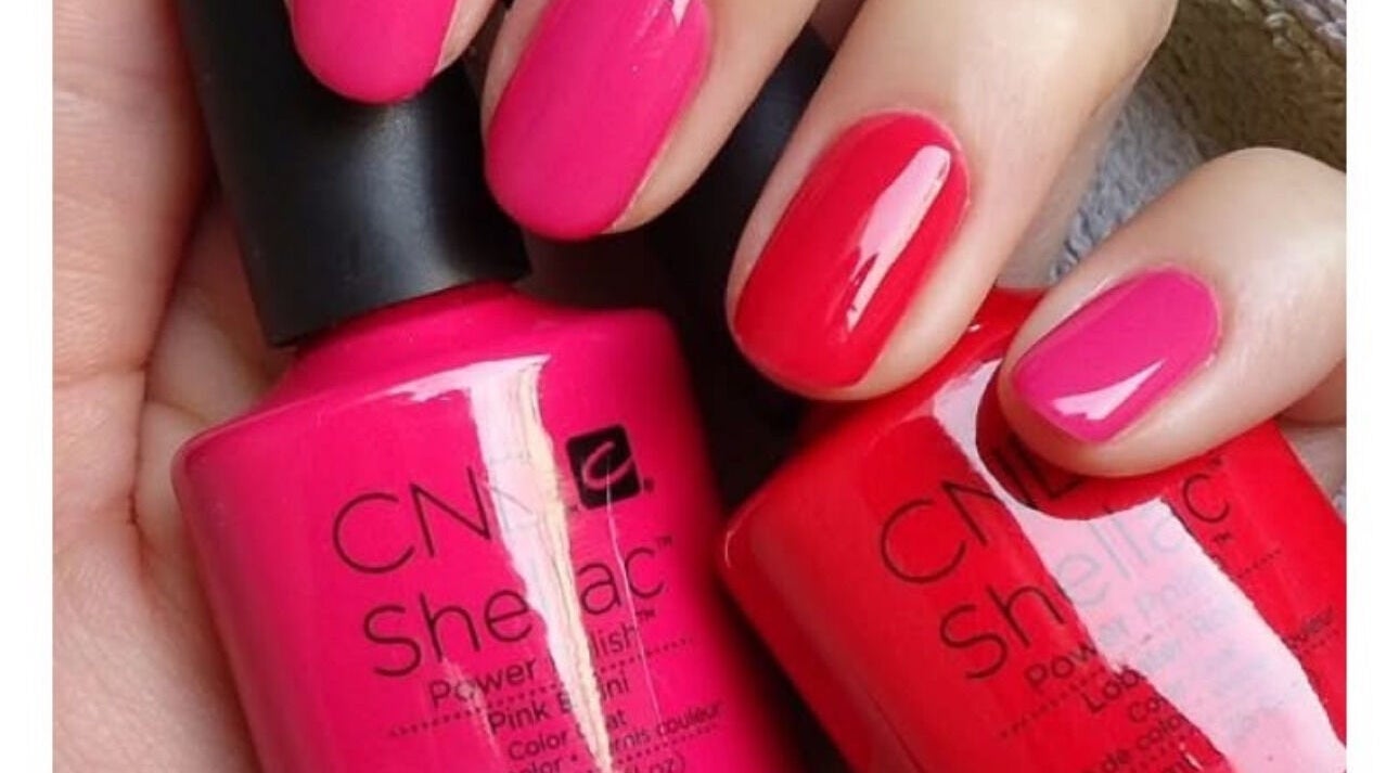 Bright pink nails with CND Shellac polish at Kebella Beauty Bath Street, Glasgow, Scotland, GB.