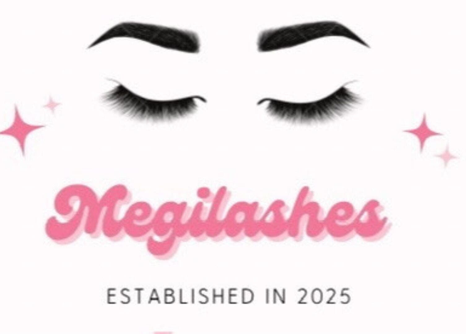 Megilashes logo featuring elegant lashes in Worcester, England, GB. Established in 2025.