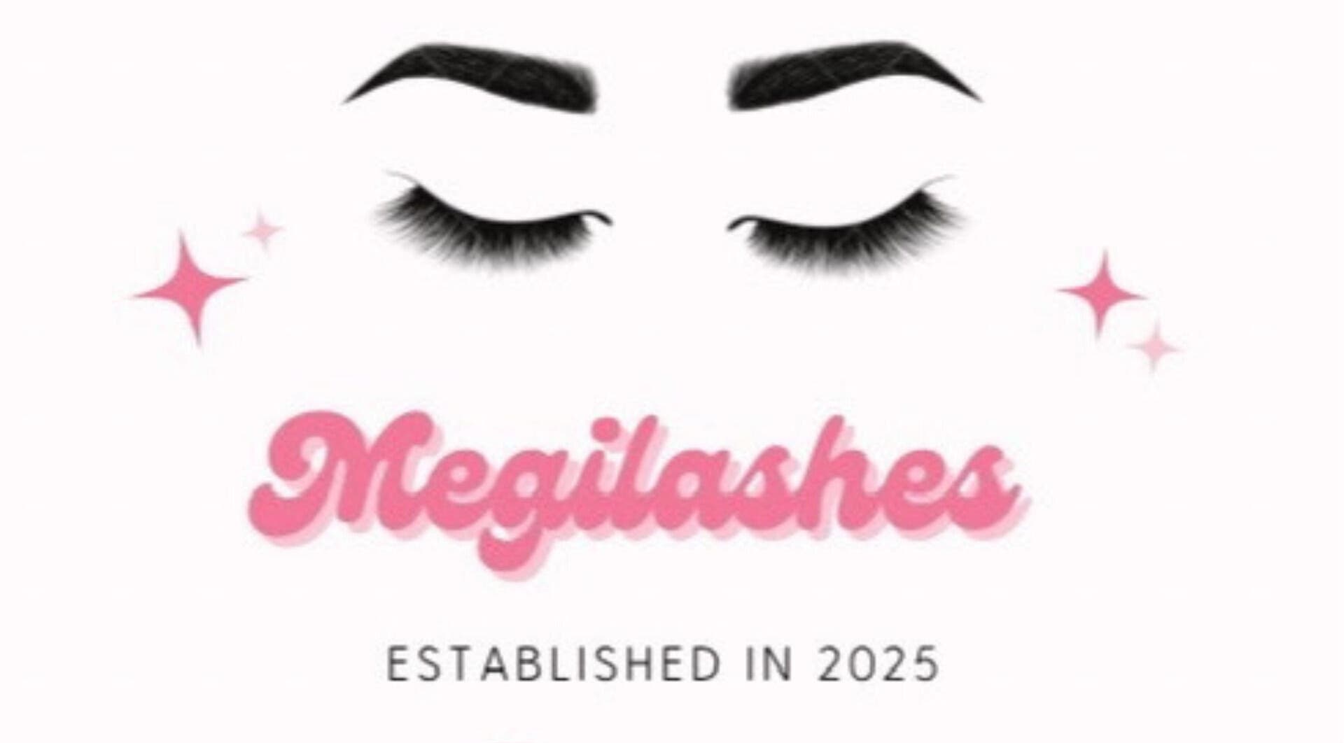 Megilashes logo featuring elegant lashes in Worcester, England, GB. Established in 2025.