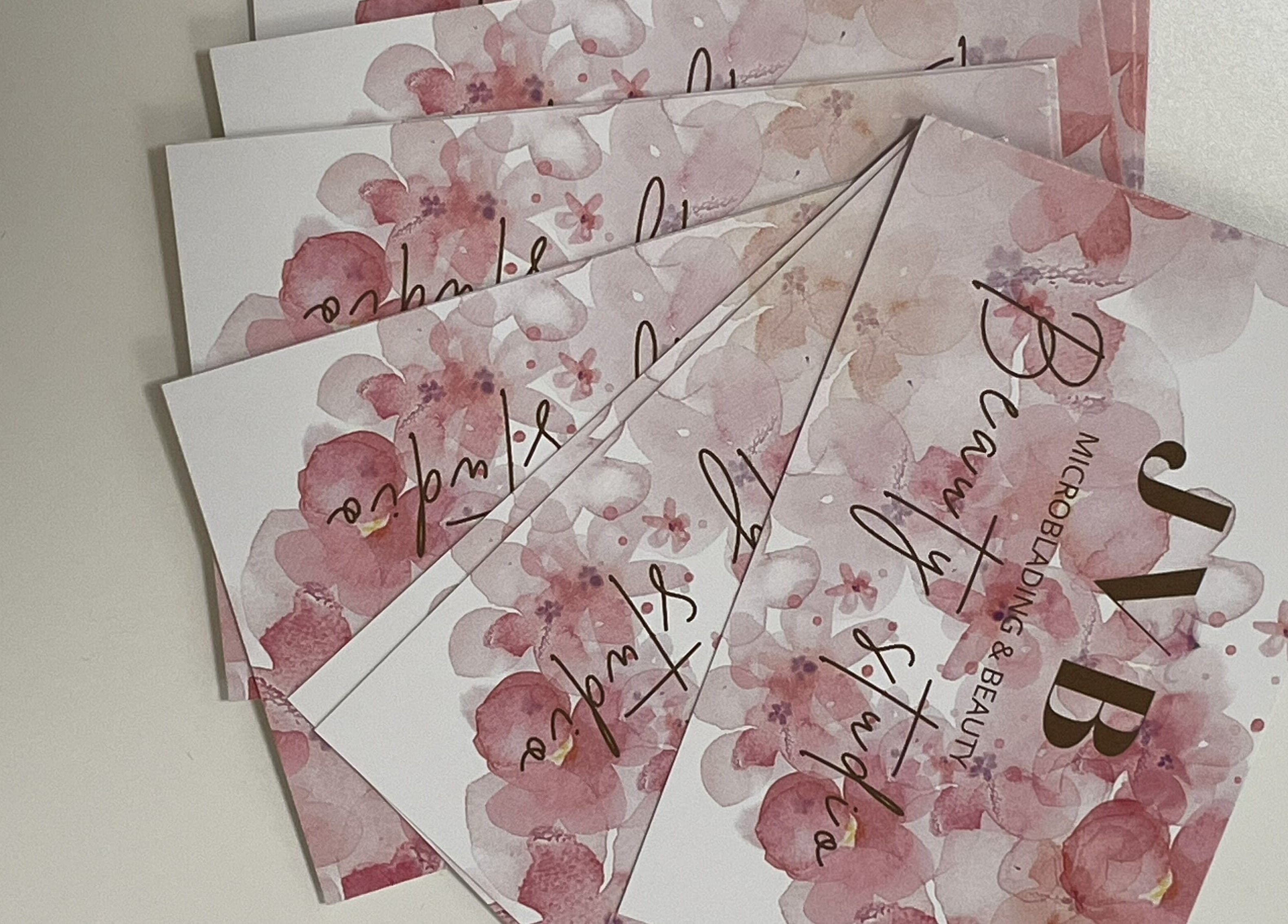 JVB Beauty & The Brows elegant business cards with pink floral design in Genève, Genève, CH.