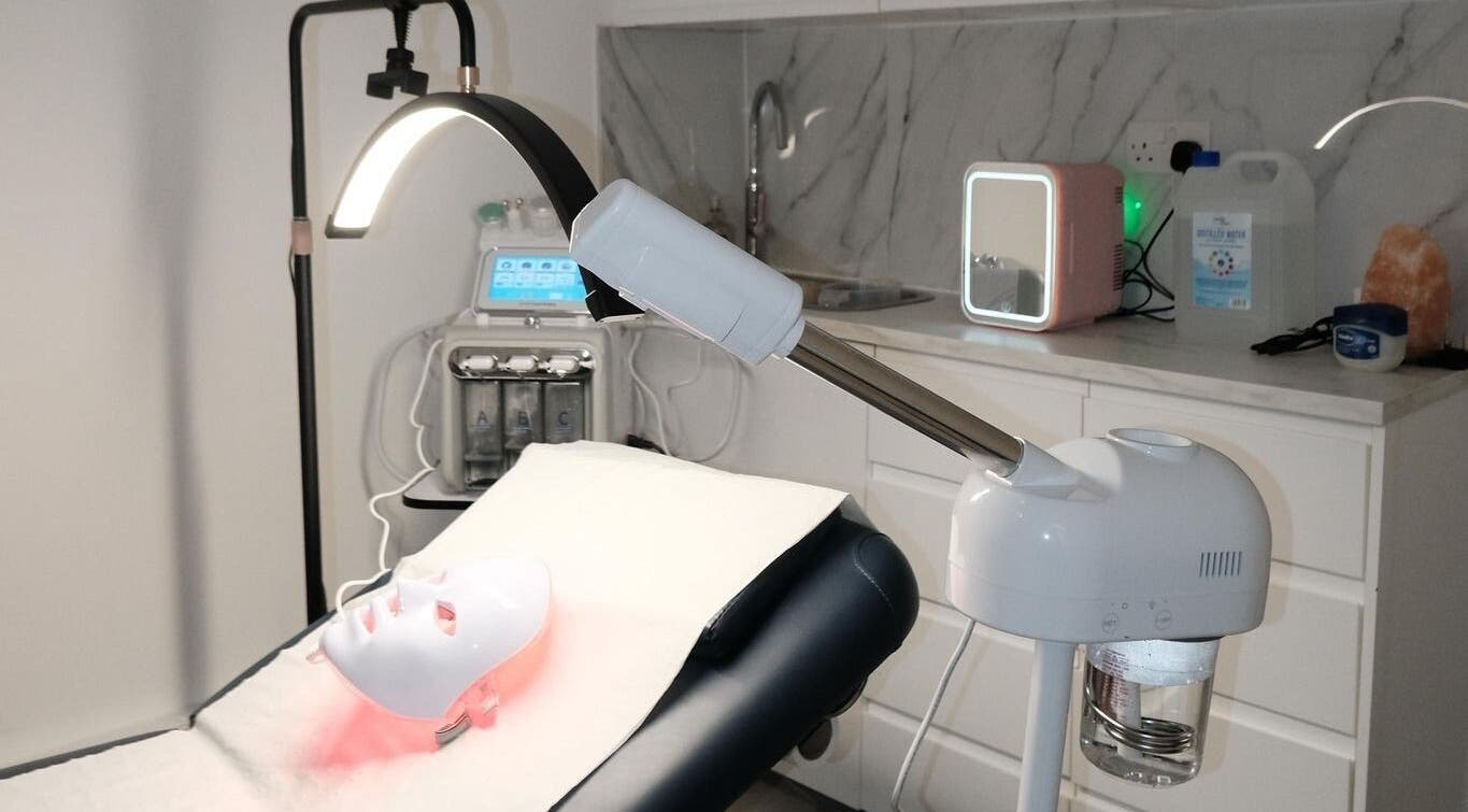 LED facial mask setup at Bare Skin Clinic, London, England, GB, highlighting advanced wellness technology.