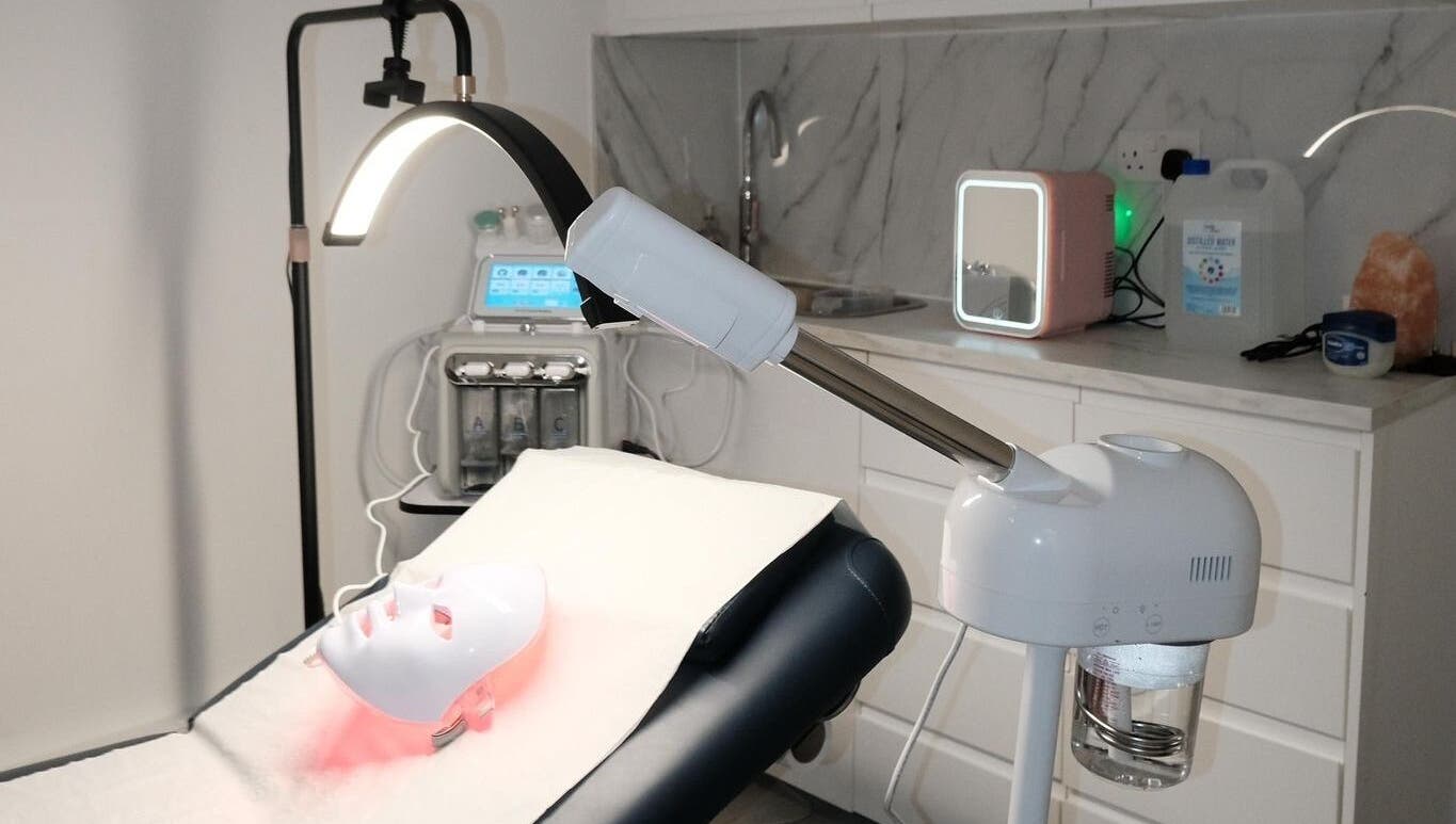 Luxury LED facial treatment setup at Bare Skin Clinic, London, England, GB.
