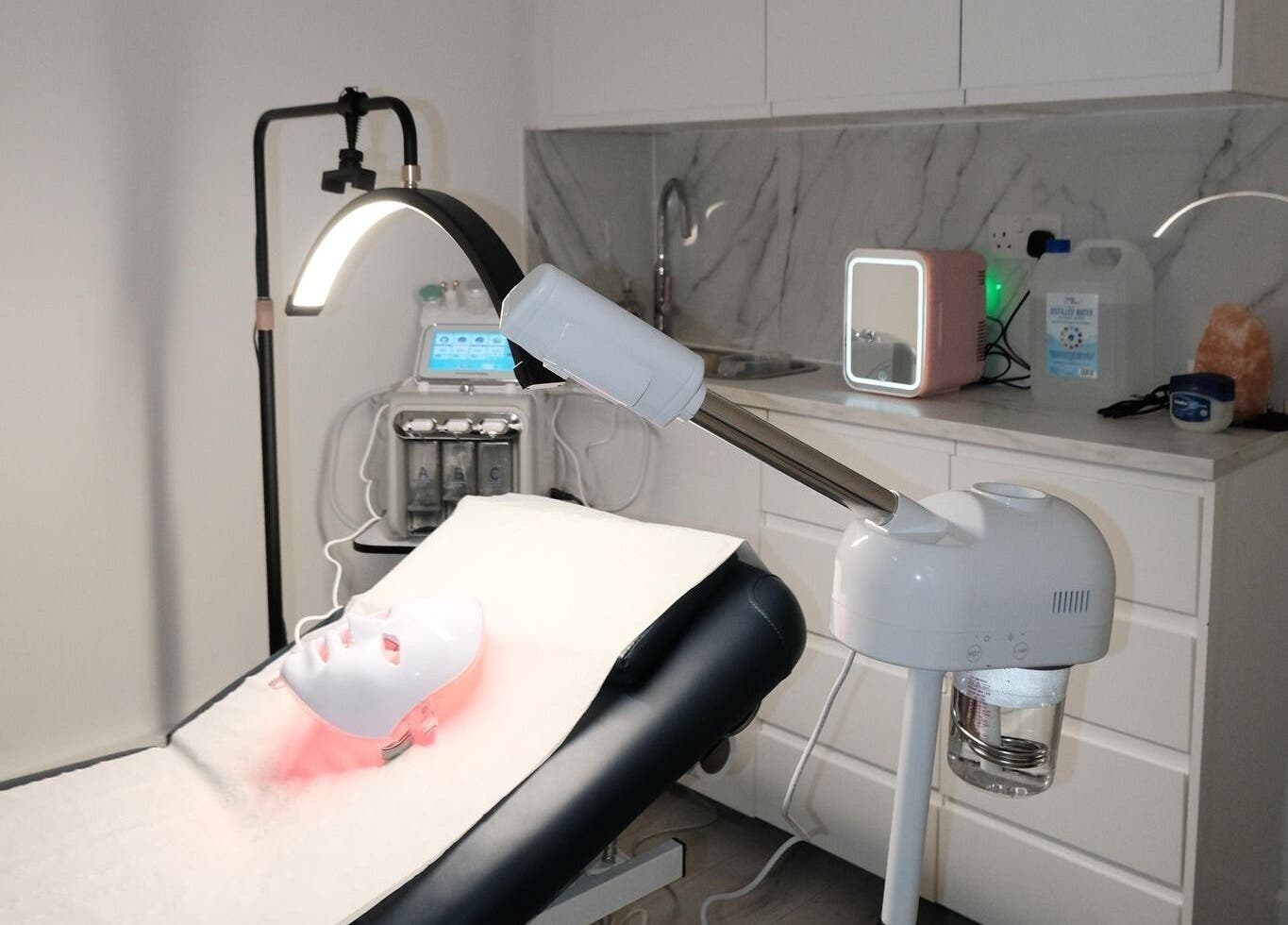Luxury LED facial treatment setup at Bare Skin Clinic, London, England, GB.