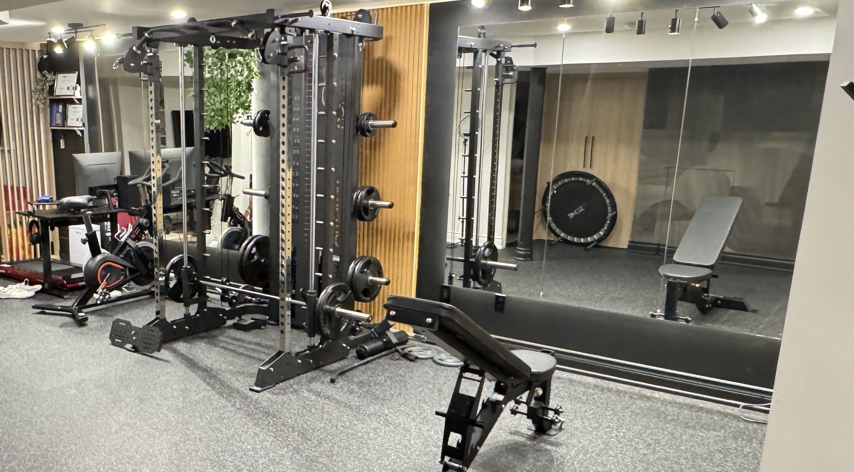 Modern gym setup at Allan Dominguez, CPT in Vaughan, Ontario, CA featuring workout equipment and mirrors.