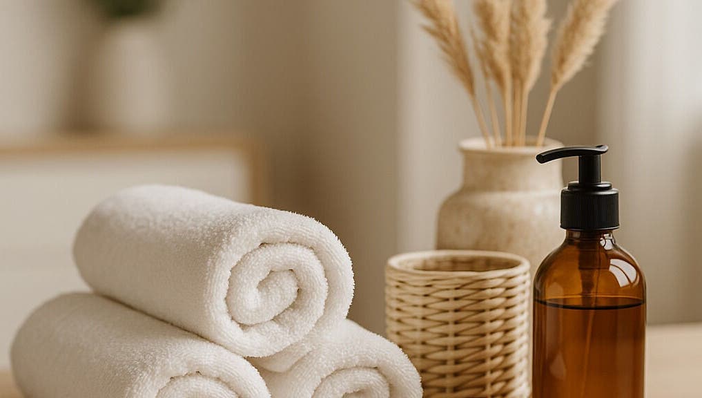 Luxurious spa towels and amber bottle at Natural Indulgences Spa, Baie Verte, Newfoundland And Labrador, CA.